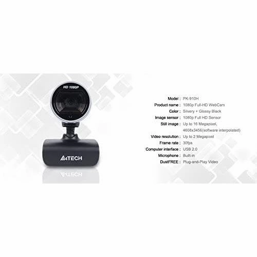 A4Tech PK-910H Webcam: 2MP, 30 FPS, 16MP Photos, USB 2.0, Black, Clip/Stand