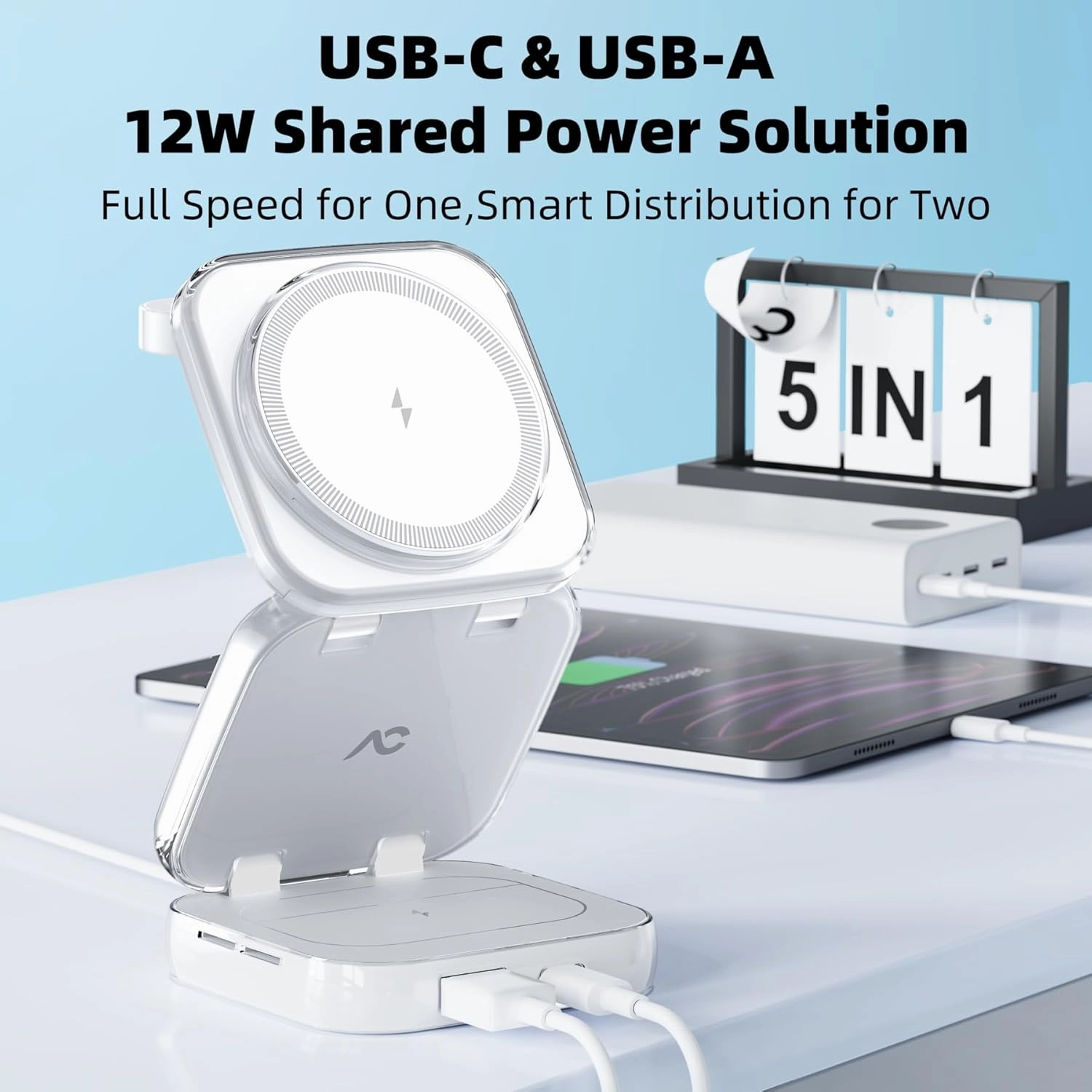 AC Island 5-in-1 Wireless Charging Station - MagSafe Charger for iPhone 16 Pro/16/15/14/13/12, Apple Watch Series 10, AirPods, Fast Wireless Charging Stand - White