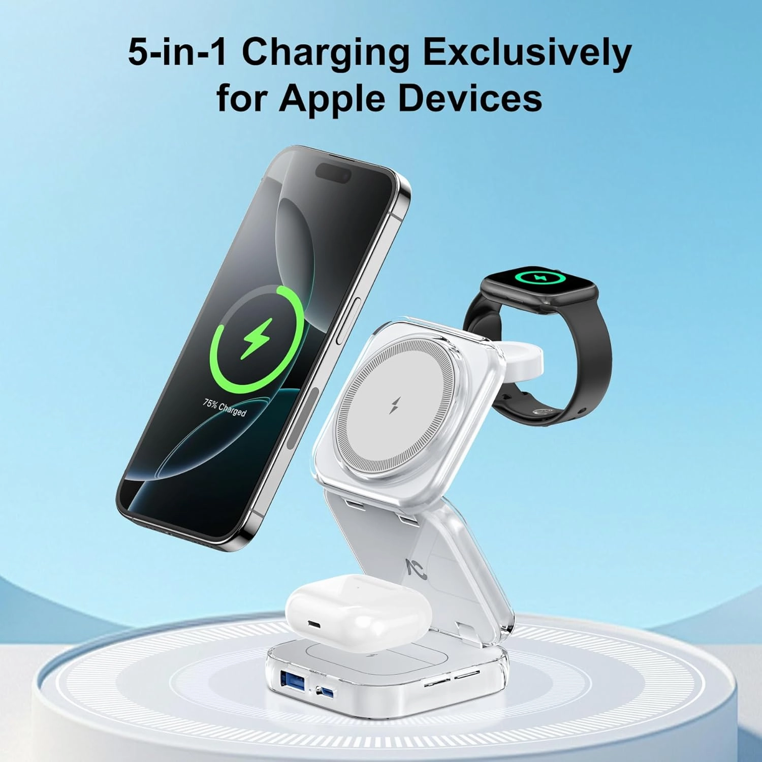 AC Island 5-in-1 Wireless Charging Station - MagSafe Charger for iPhone 16 Pro/16/15/14/13/12, Apple Watch Series 10, AirPods, Fast Wireless Charging Stand - White