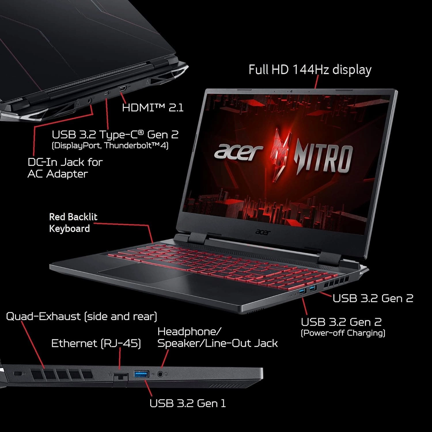 Acer Nitro 5 Gaming Laptop - 15.6" FHD 144Hz, Intel i5-12500H, RTX 3050 Ti, 16GB DDR4, 512GB SSD, Wi-Fi 6, Black