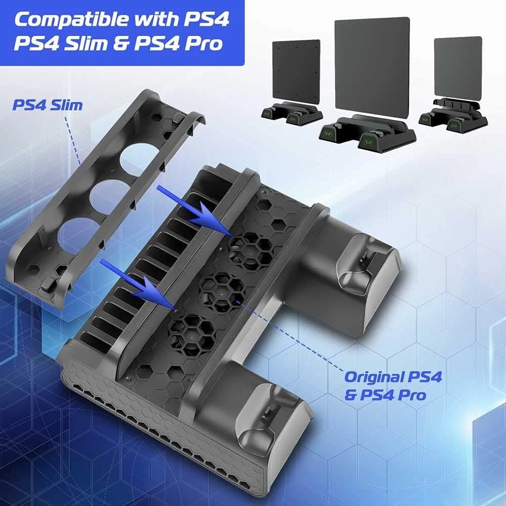 ADZ All-in-One PS4 Stand with Cooling Fan, Dual Controller Charger & 12-Game Rack - Compatible with PS4, PS4 Slim & Pro