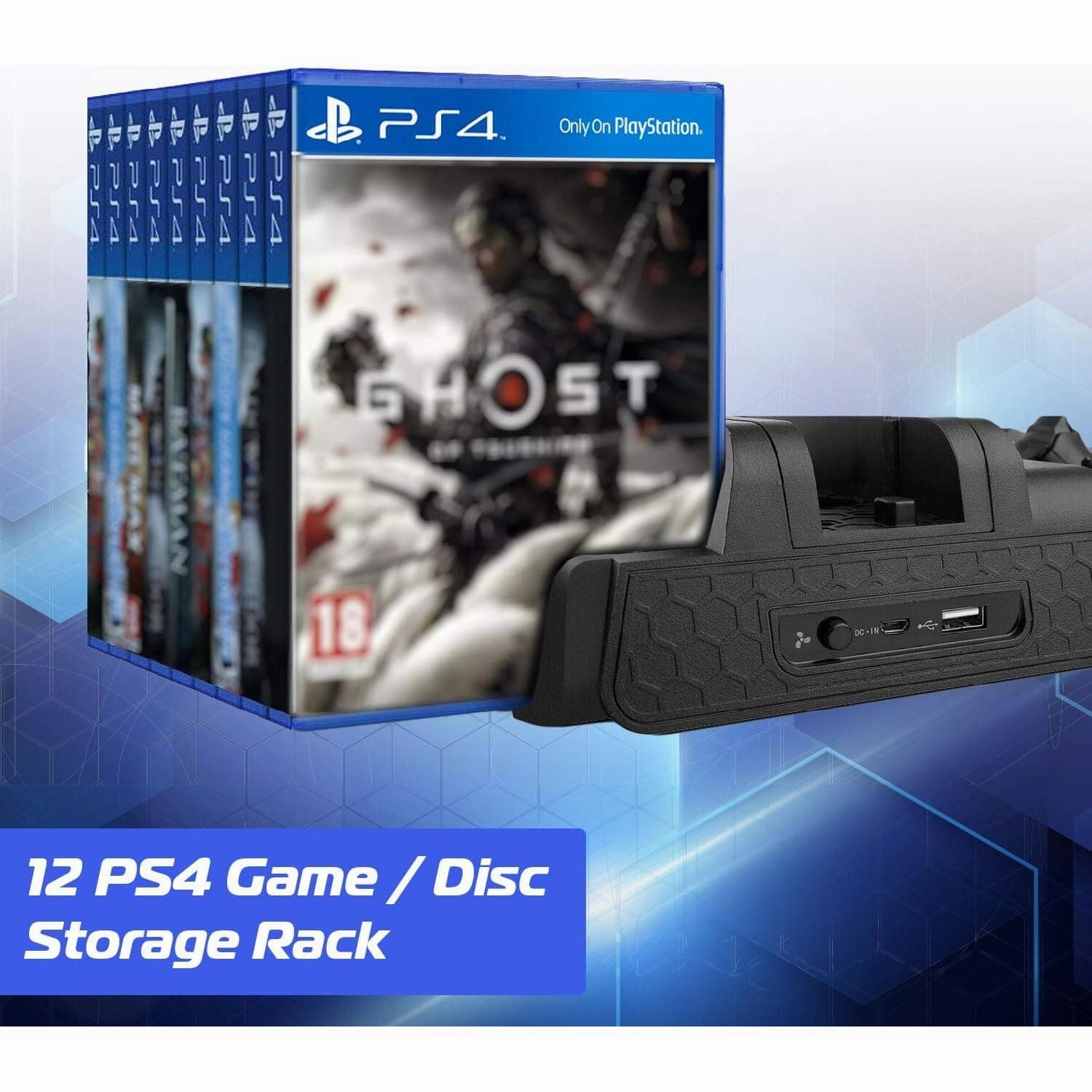 ADZ All-in-One PS4 Stand with Cooling Fan, Dual Controller Charger & 12-Game Rack - Compatible with PS4, PS4 Slim & Pro