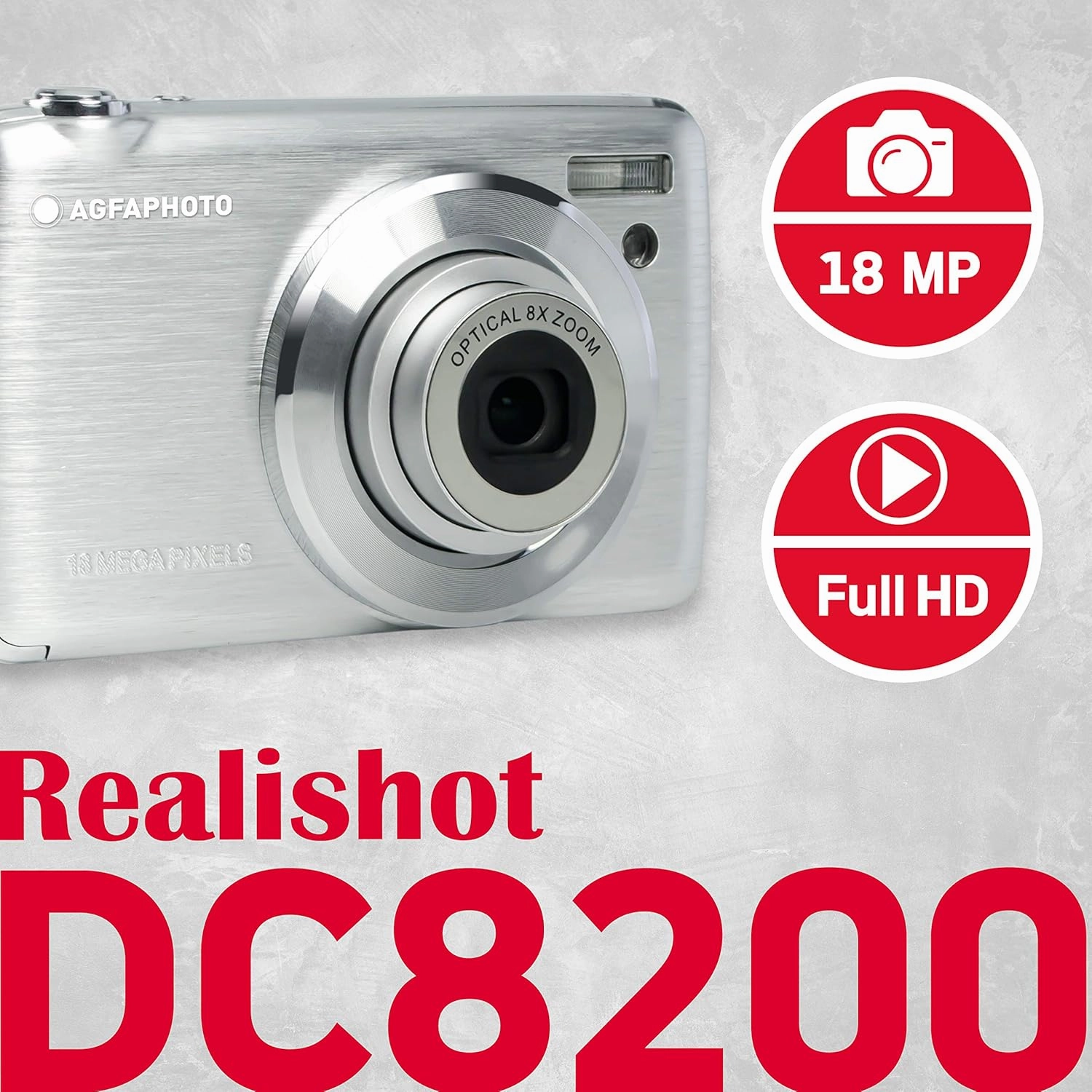 AGFA PHOTO Realishot DC8200 Compact Digital Camera  18MP, Full HD, 8x Optical Zoom, 2.7" LCD, Silver