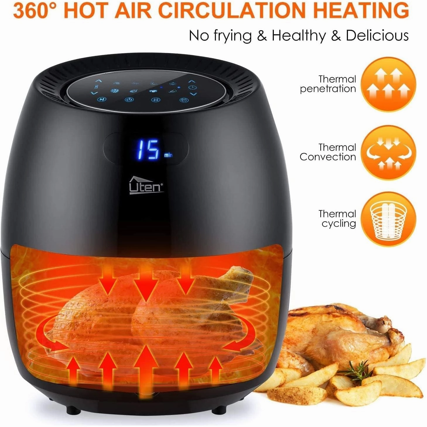 Air Fryer, Uten 6.5L Power Air Fryer with Digital Display, Rapid Air Circulation System Adjustable Temperature and 30 Minute Timer for Healthy Oil Free & Low Fat 1800W