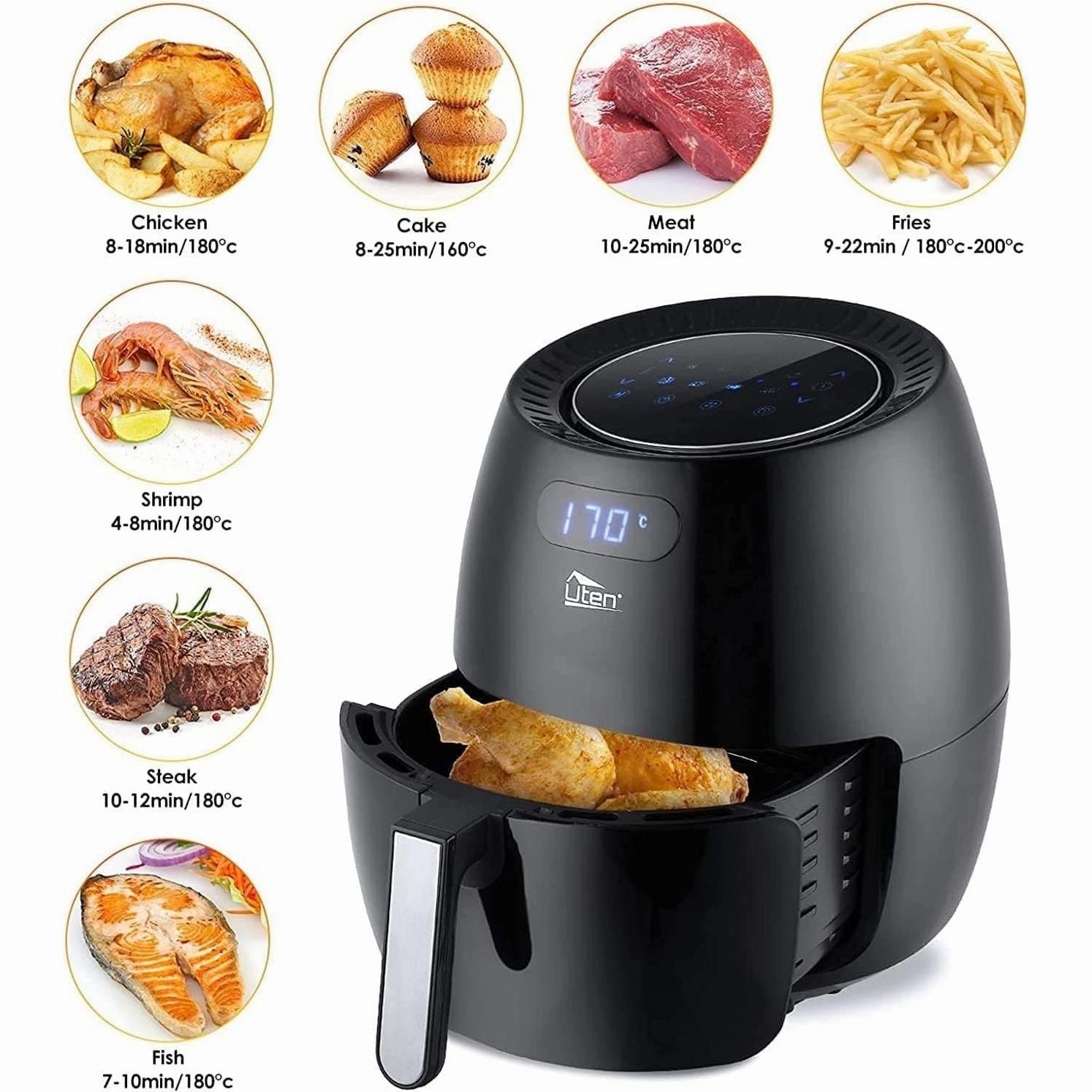 Air Fryer, Uten 6.5L Power Air Fryer with Digital Display, Rapid Air Circulation System Adjustable Temperature and 30 Minute Timer for Healthy Oil Free & Low Fat 1800W