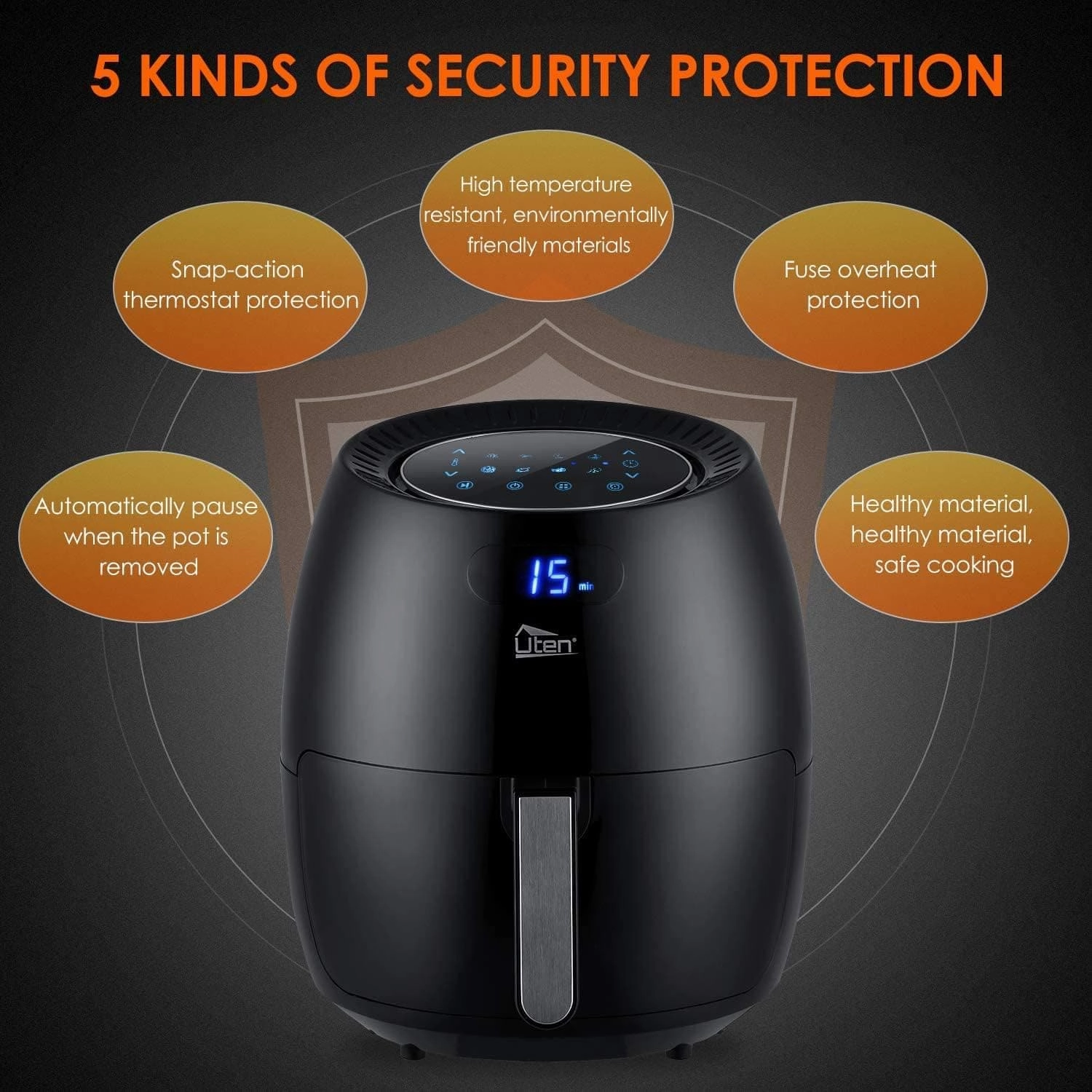 Air Fryer, Uten 6.5L Power Air Fryer with Digital Display, Rapid Air Circulation System Adjustable Temperature and 30 Minute Timer for Healthy Oil Free & Low Fat 1800W