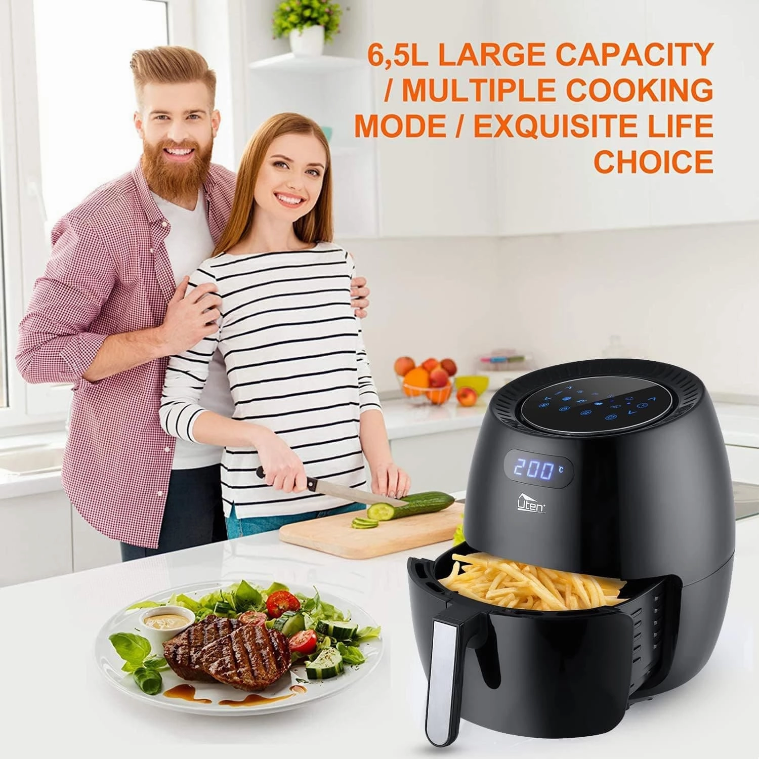 Air Fryer, Uten 6.5L Power Air Fryer with Digital Display, Rapid Air Circulation System Adjustable Temperature and 30 Minute Timer for Healthy Oil Free & Low Fat 1800W