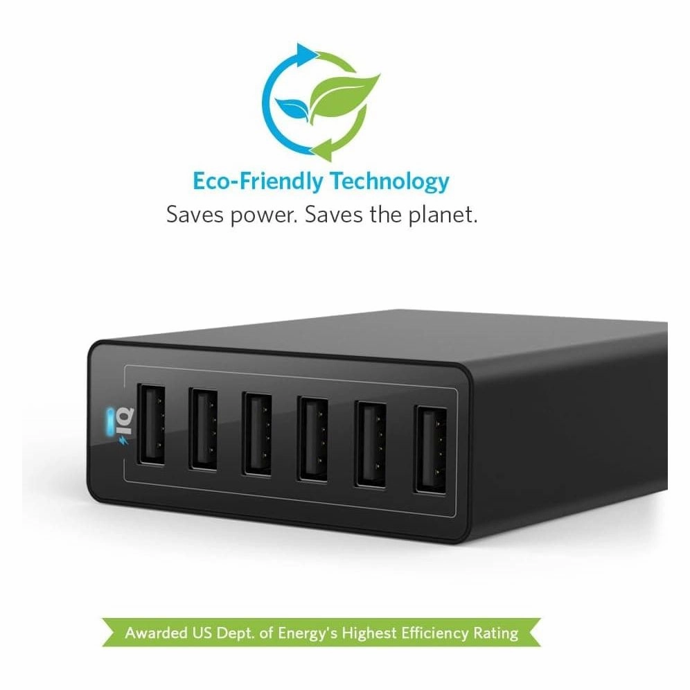 Anker PowerPort 60 W 6-Port Family-Sized Desktop USB Charger with PowerIQ Technology for Smartphones - White