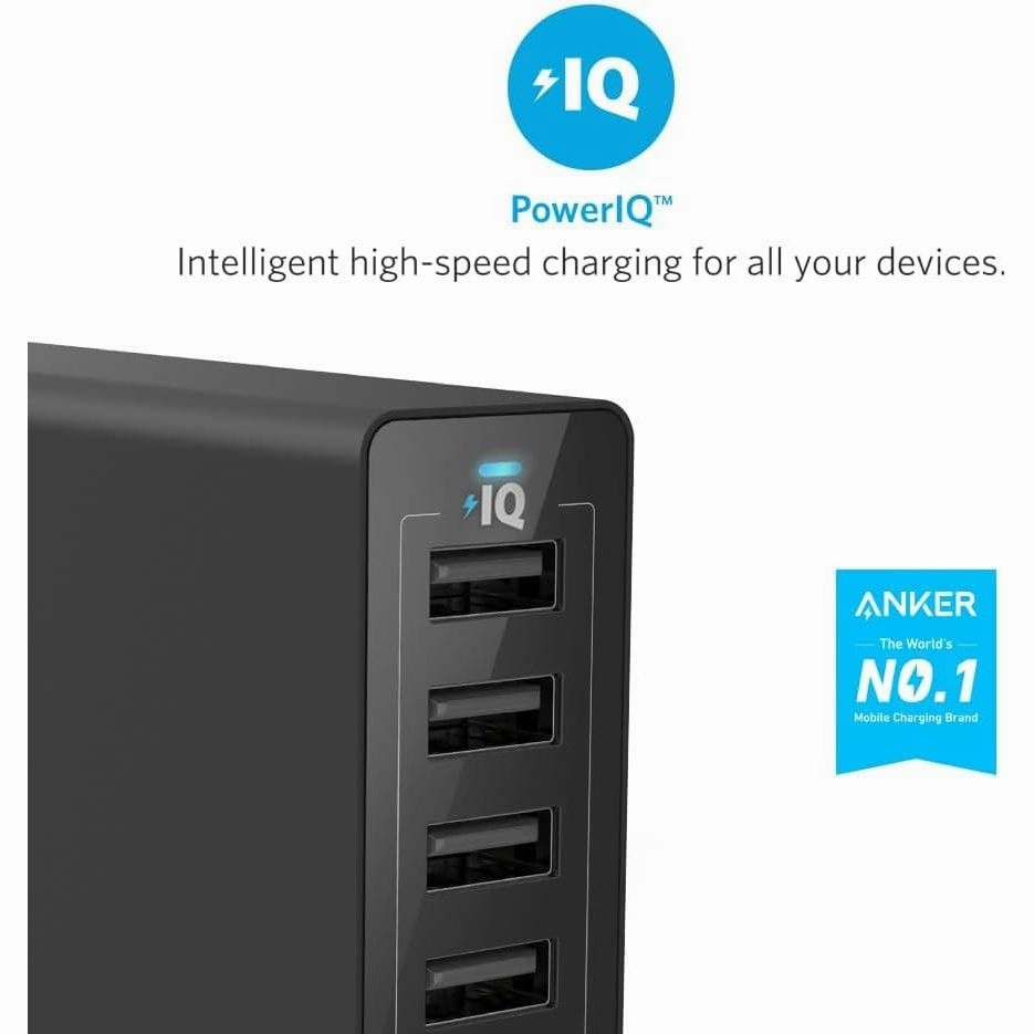 Anker PowerPort 60 W 6-Port Family-Sized Desktop USB Charger with PowerIQ Technology for Smartphones - White