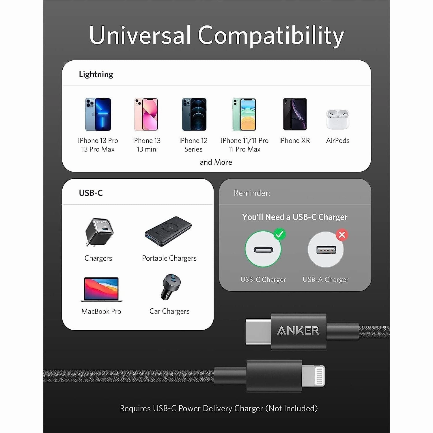 Anker USB C to Lightning Cable, New Nylon USB-C to Lightning Charging Cord