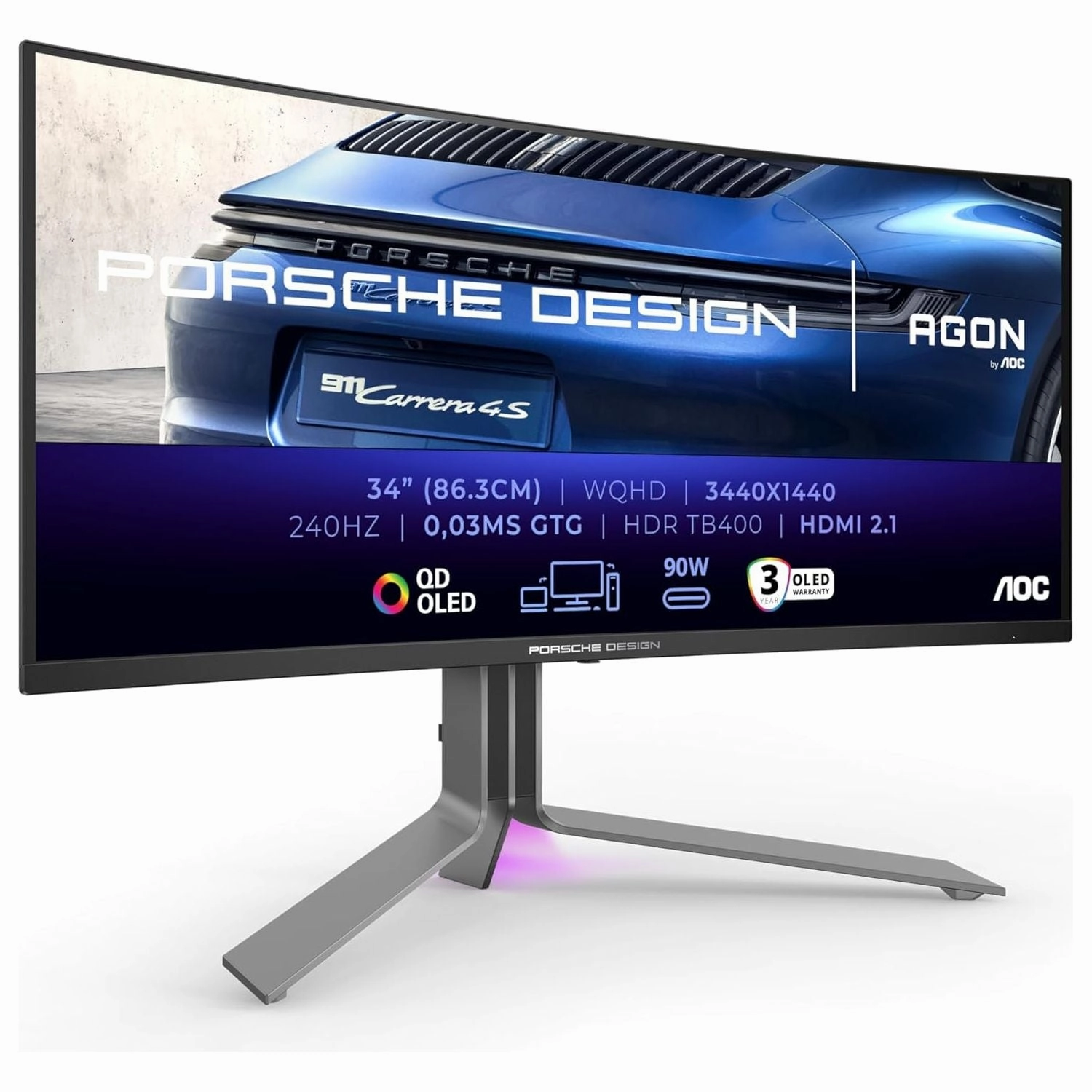 AOC AGON Pro PD34, 34-Inch WQHD OLED Gaming Monitor - 240Hz, 0.03ms, FreeSync Premium Pro, G-Sync Compatible, HDR400, 3440x1440, HDMI 2.1, DisplayPort, USB-C, 90W PD, USB Hub, Black