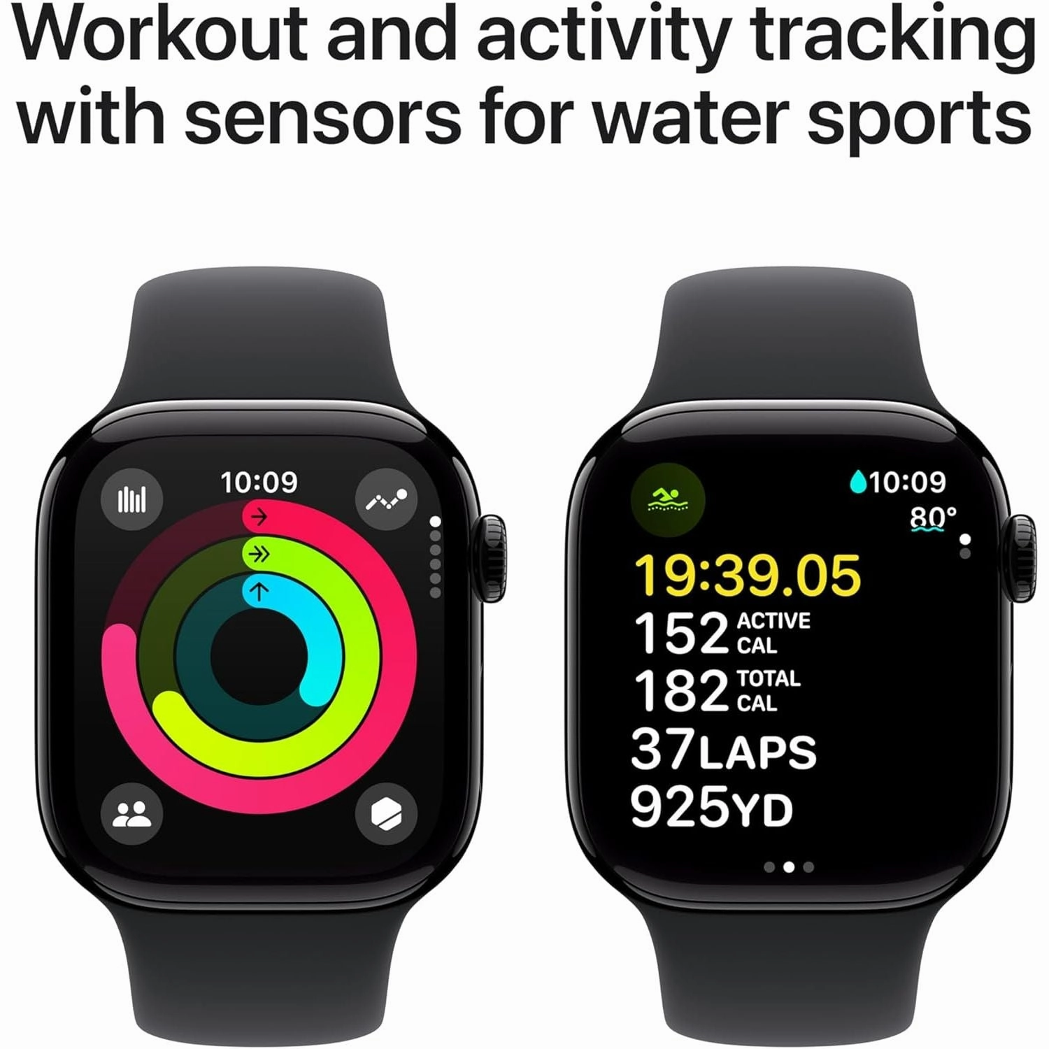 Apple Watch Series 10 GPS 42 mm Smartwatch with Jet Black Aluminium Case with Black Sport Band - M/L. Fitness Tracker, ECG App, Always-On Retina Display, Water Resistant