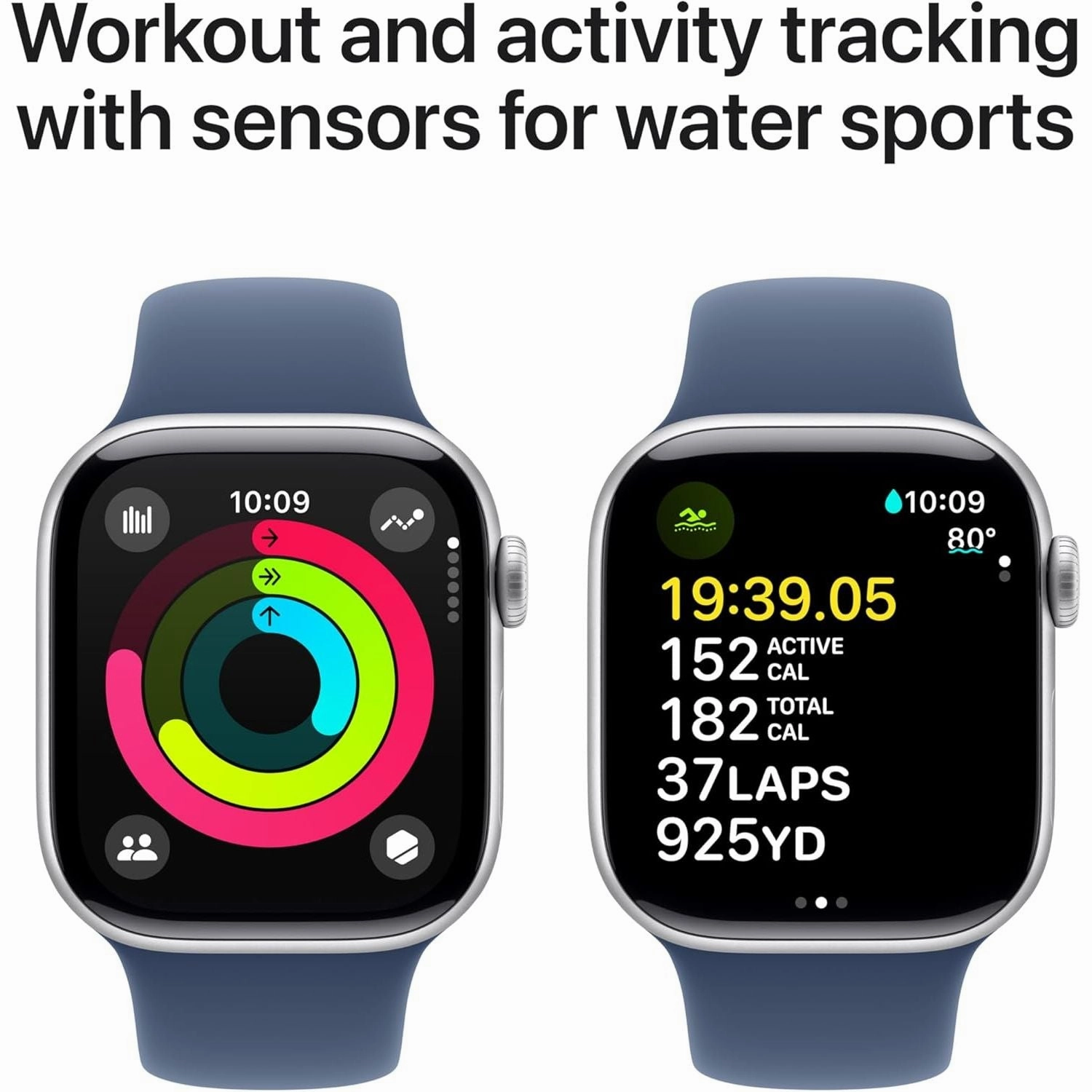 Apple Watch Series 10 GPS 42 mm Smartwatch with Silver Aluminium Case with Denim Sport Band - S/M. Fitness Tracker, ECG App, Always-On Retina Display, Water Resistant
