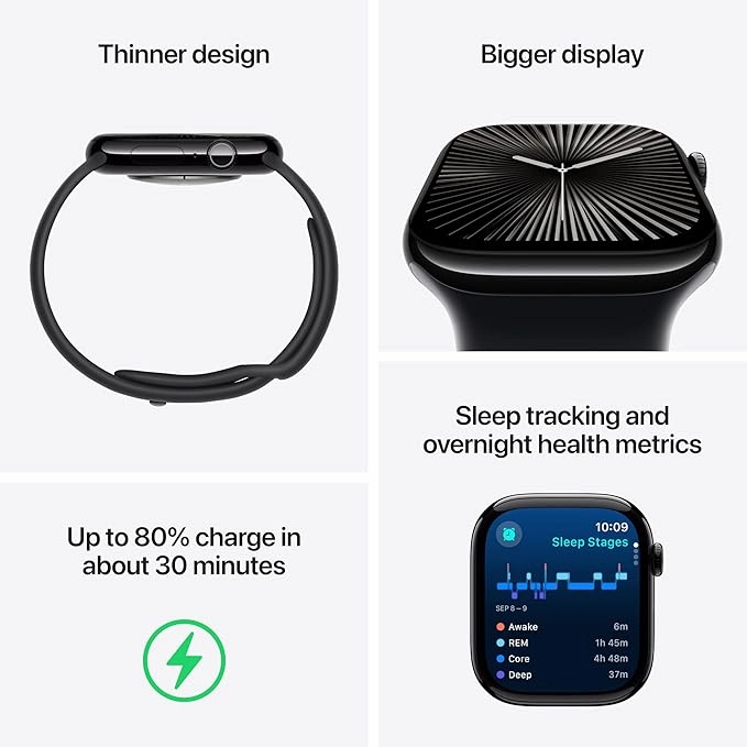 Apple Watch Series 10 GPS 46 mm Smartwatch with Jet Black Aluminium Case with Black Sport Band