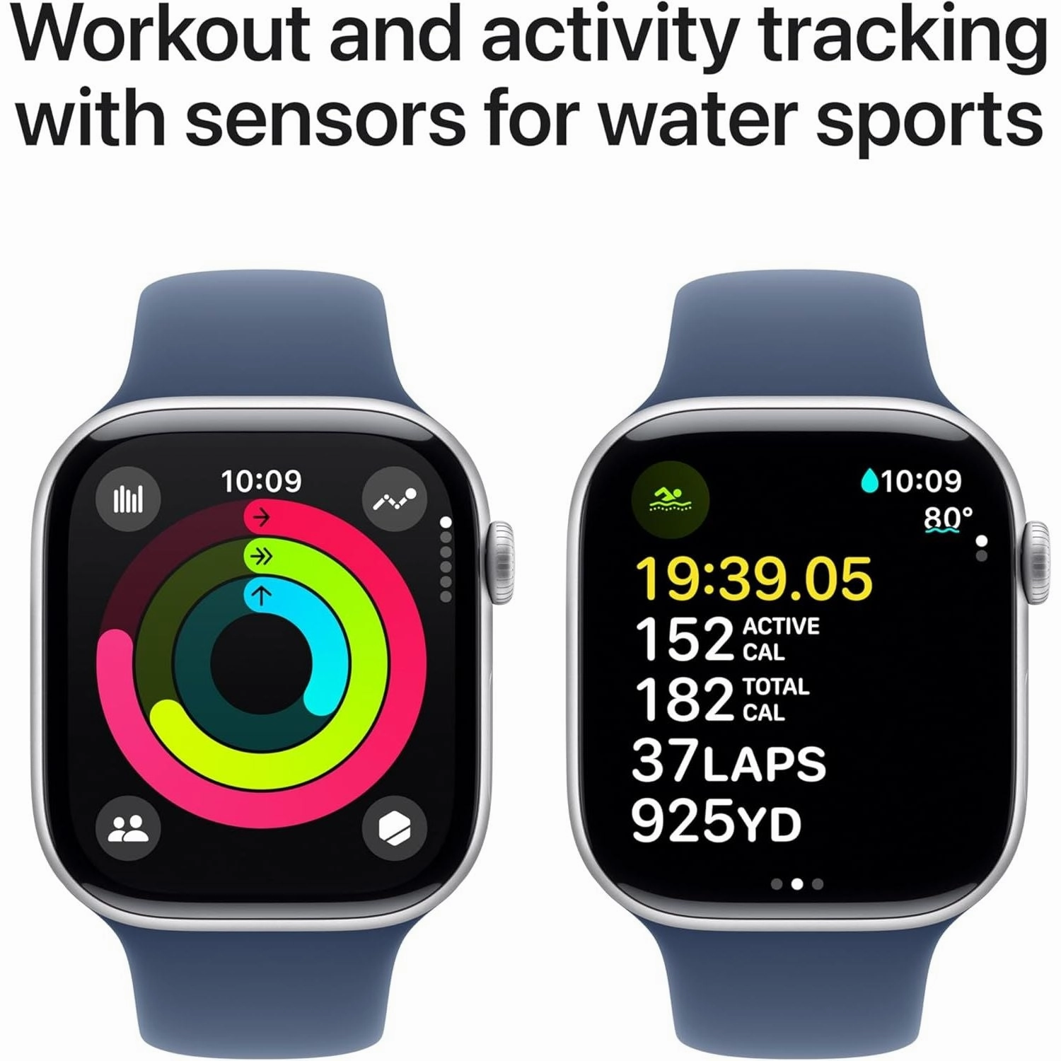 Apple Watch Series 10 GPS 46 mm Smartwatch with Silver Aluminium Case with Denim Sport Band - M/L. Fitness Tracker, ECG App, Always-On Retina Display, Water Resistant