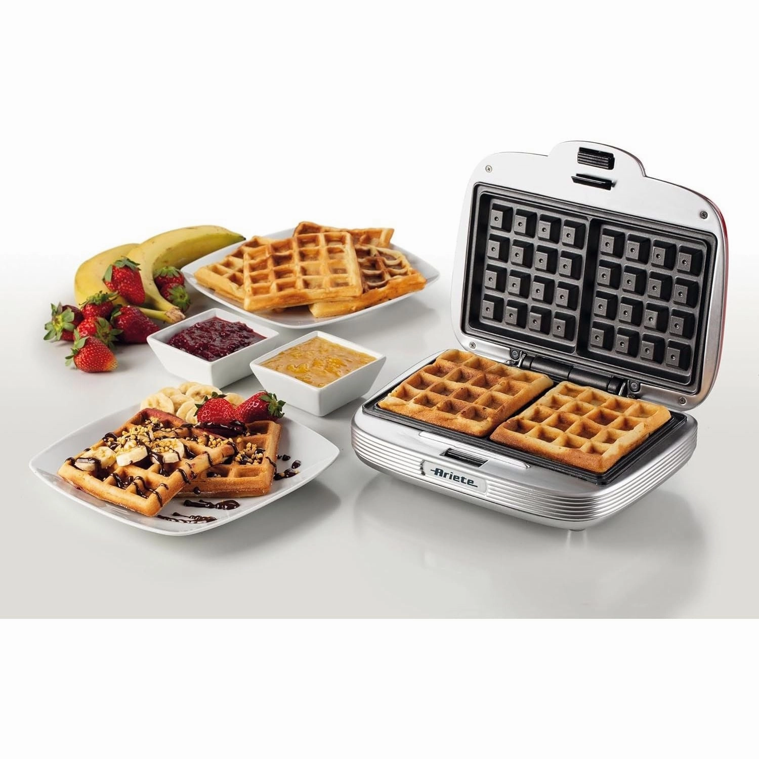 Ariete 1973 Retro Waffle Maker  700W Non-Stick Iron for Breakfast & Dessert Waffles, Easy Clean, Safety Lock  American Diner Style  Red