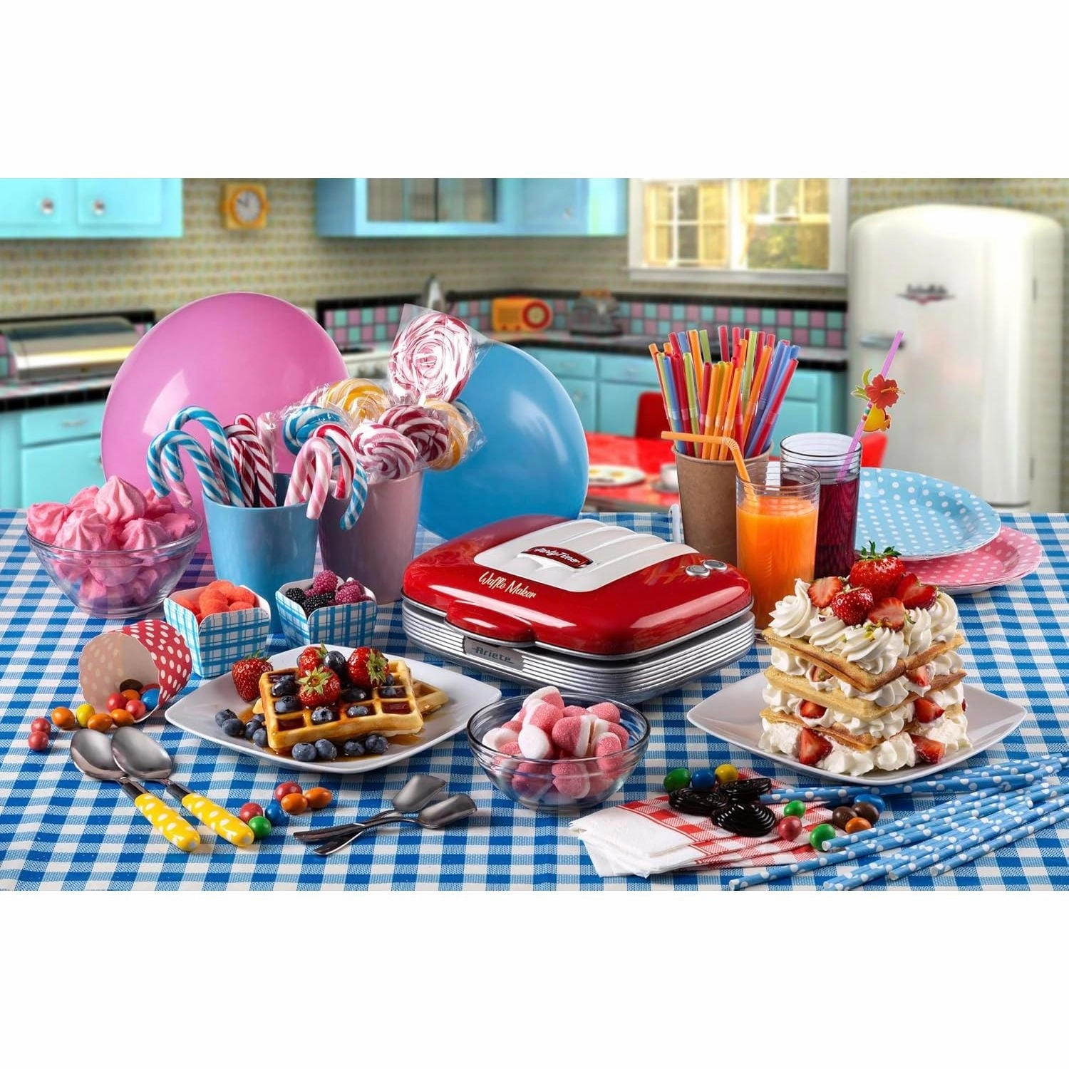 Ariete 1973 Retro Waffle Maker  700W Non-Stick Iron for Breakfast & Dessert Waffles, Easy Clean, Safety Lock  American Diner Style  Red