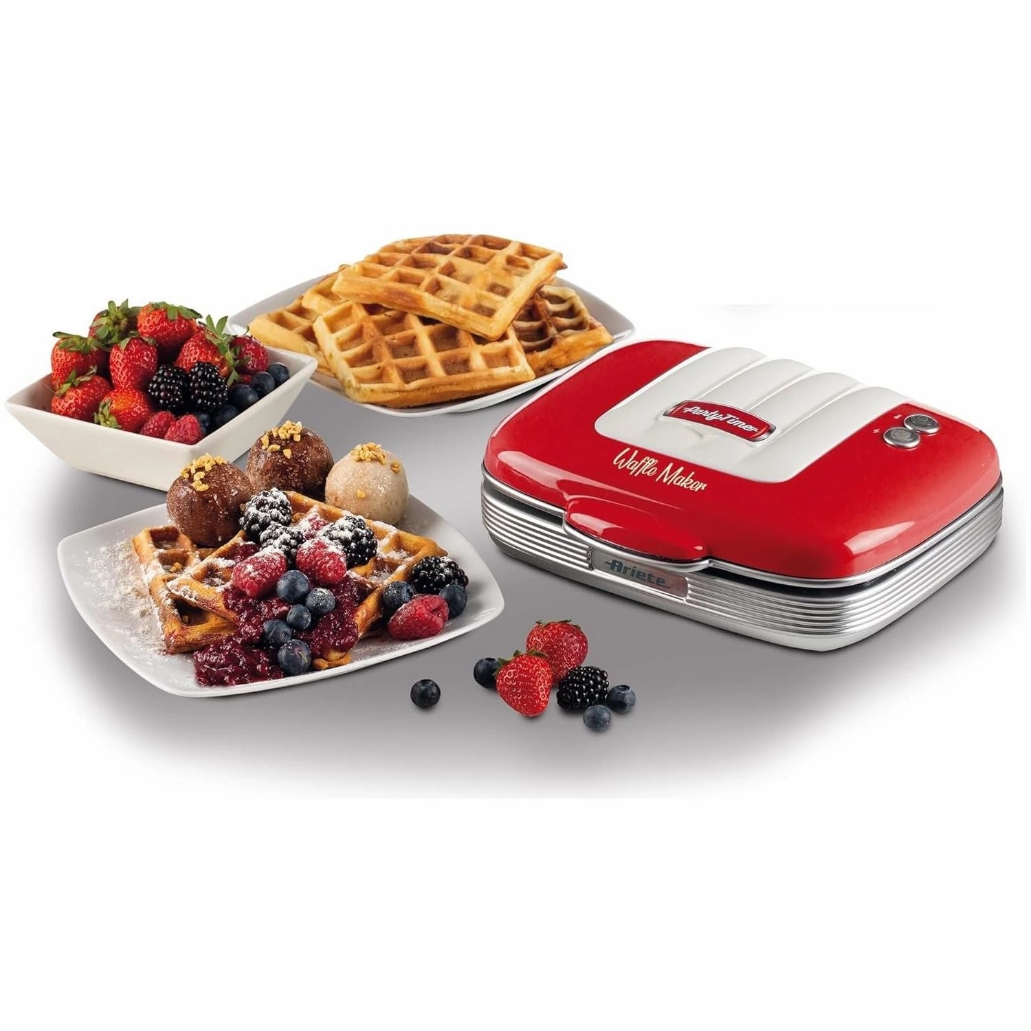 Ariete 1973 Retro Waffle Maker  700W Non-Stick Iron for Breakfast & Dessert Waffles, Easy Clean, Safety Lock  American Diner Style  Red