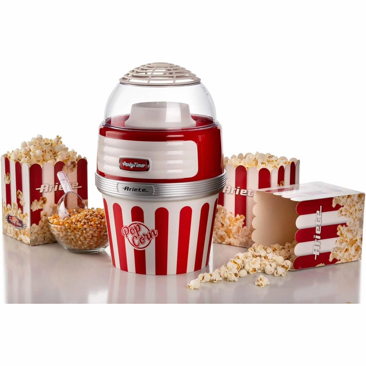 Ariete 2957 Retro Style Popcorn Maker - 2-Minute Fast Popping, Fat-Free Cooking, with Serving Bowl - Red