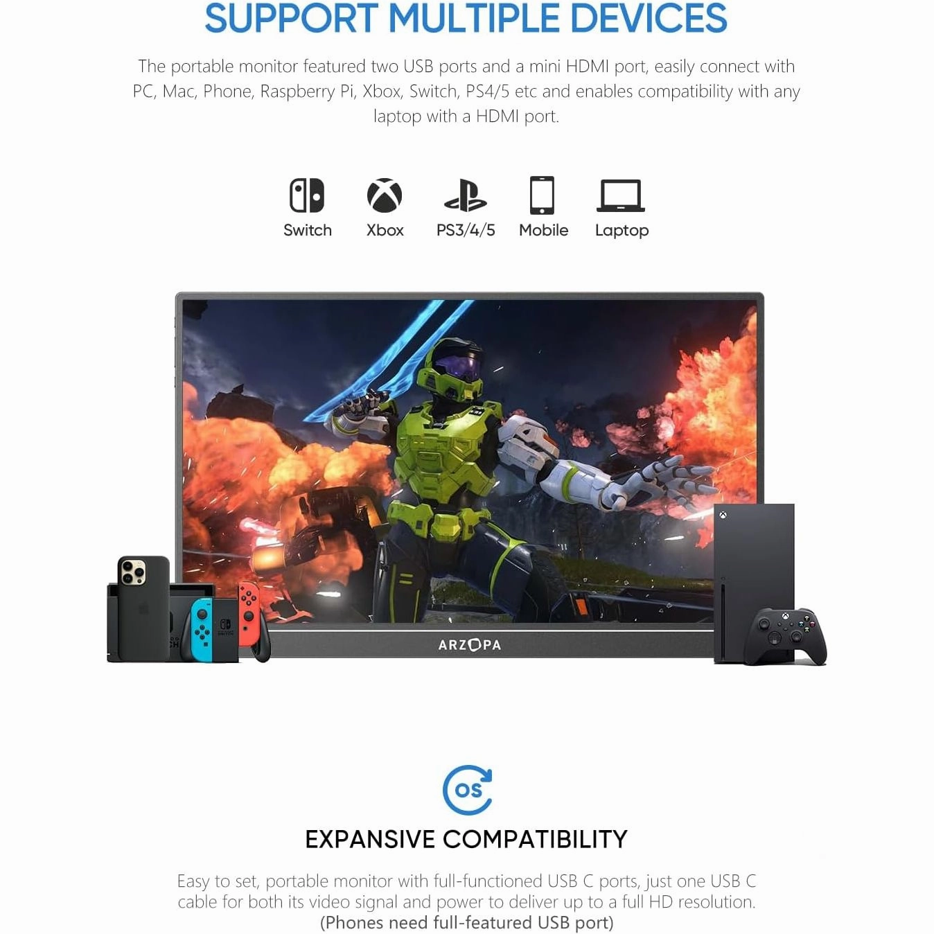 ARZOPA Portable Monitor, 15.6" 19201080 FHD IPS Portable Monitor for Laptop with Kickstand