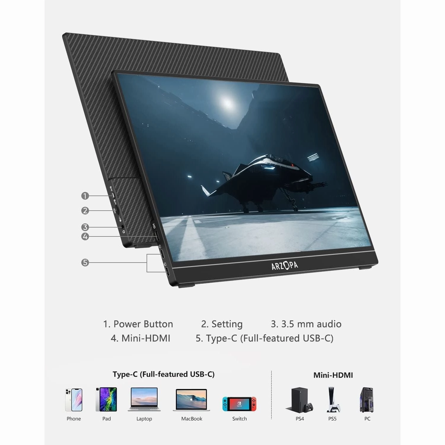 Arzopa Portable Monitor, G1 GAME 15.6 Inch 144HZ 19201080 FHD, 100% SRGB IPS Monitor Screen