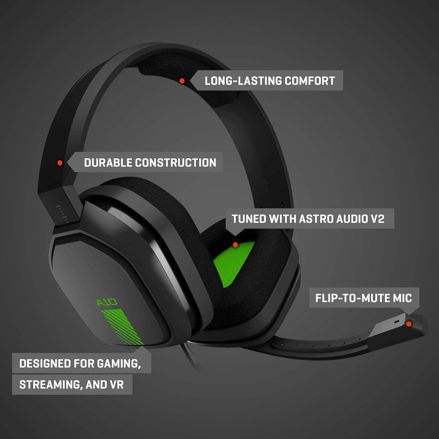 ASTRO Gaming A10 Wired Gaming Headphones with Microphone, Light and Resistant, ASTRO Audio, Dolby ATMOS, 3.5 mm Jack, for PC / MAC, XBOX ONE, PS4, MOBILE - Black / Green