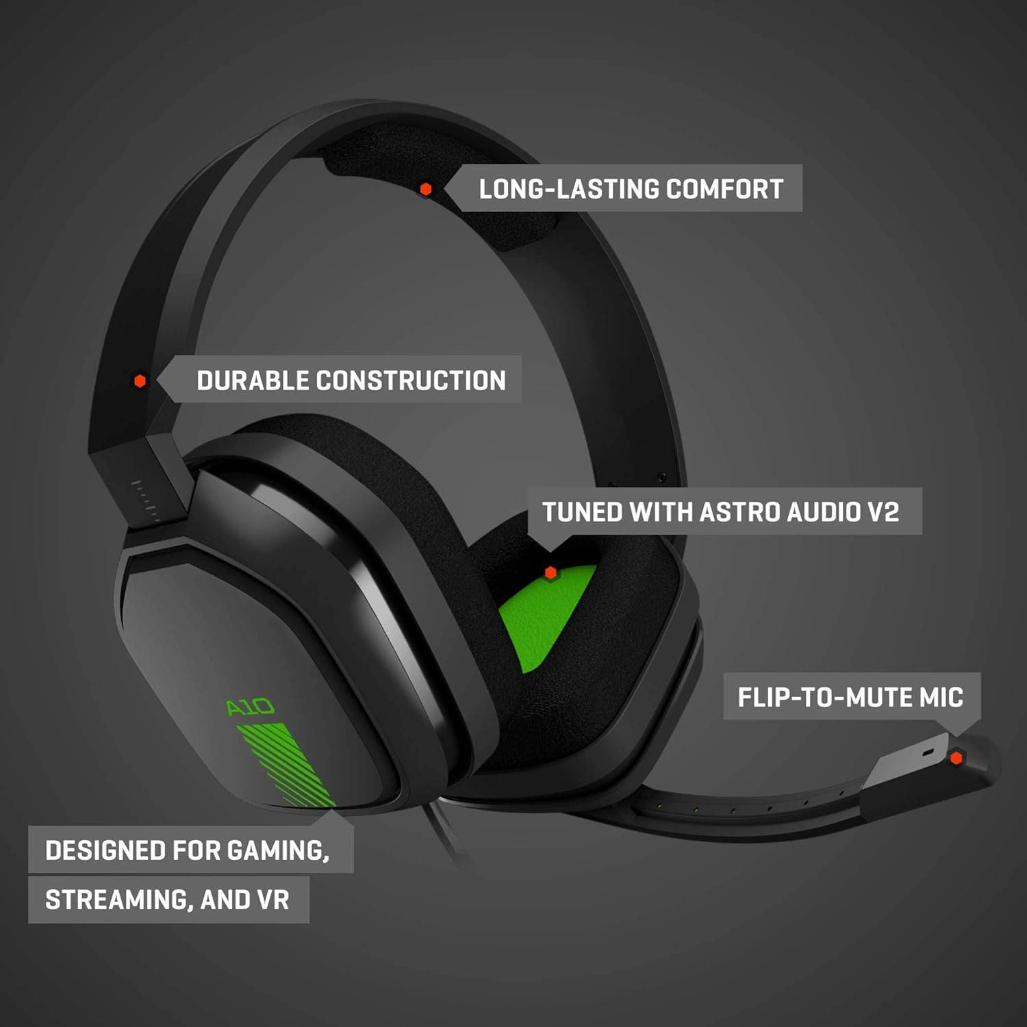ASTRO Gaming A10 Wired Gaming Headphones with Microphone, Light and Resistant, ASTRO Audio, Dolby ATMOS, 3.5 mm Jack, for PC / MAC, XBOX ONE, PS4, MOBILE - Black / Green