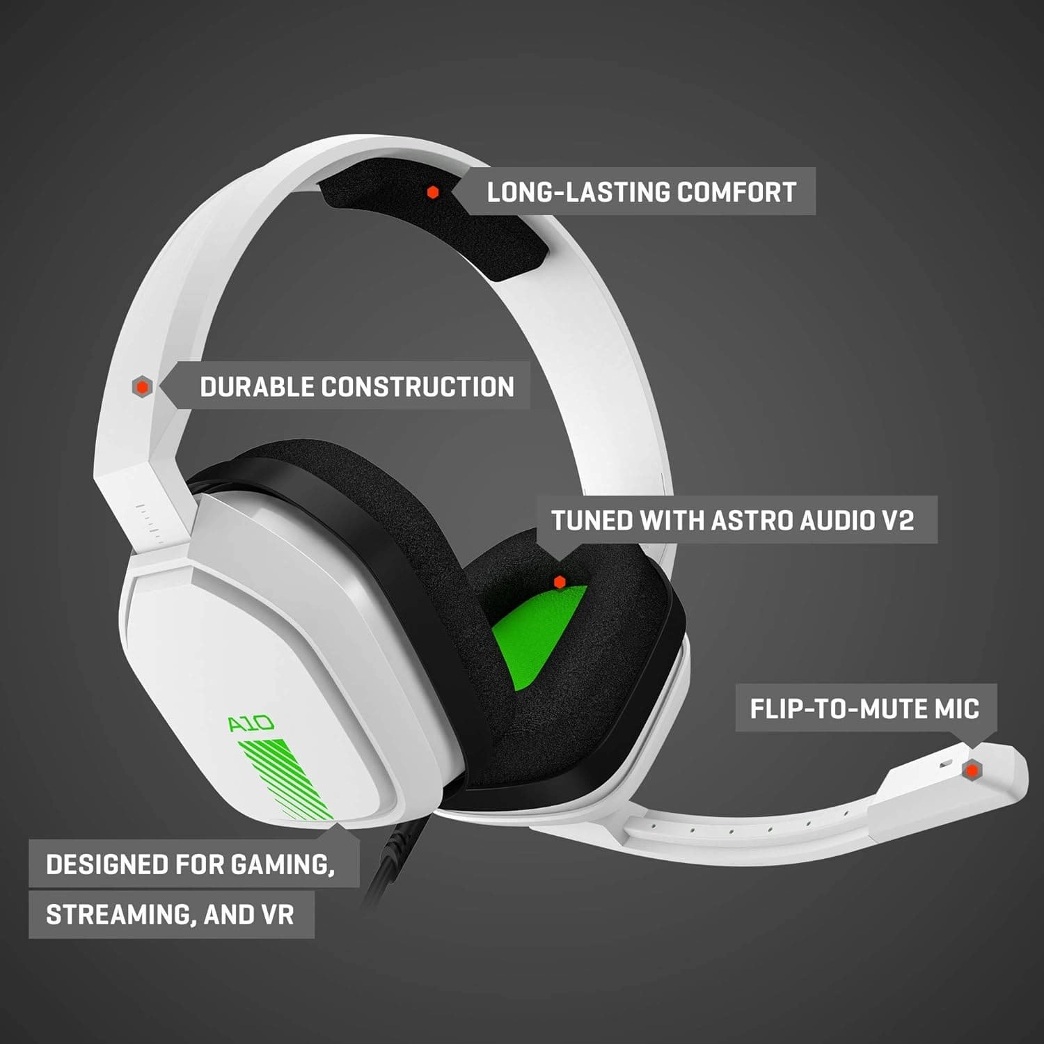 ASTRO Gaming A10 Wired Gaming Headset, Lightweight and Damage Resistant, ASTRO Audio, 3.5 mm Audio Jack, for Xbox Series X|S, Xbox One, PS5, PS4, Nintendo Switch, PC, Mobile - White/Green
