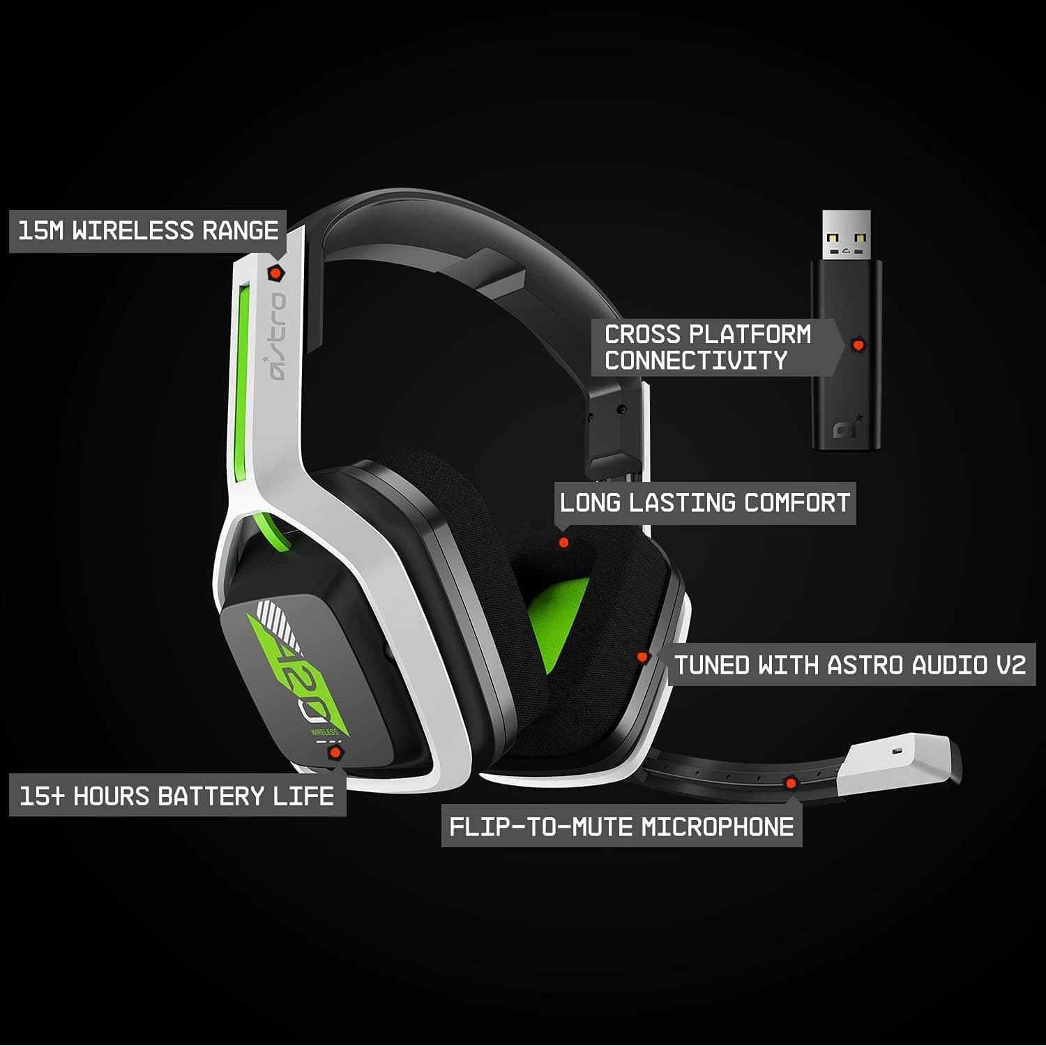 ASTRO Gaming A20 Wireless Headset Gen 2, Lightweight and Damage Resistant, Flip-to-mute microphone,  15 Hour battery life, 15m range, for PlayStation 5, PS4, PC, Mac - White/Green