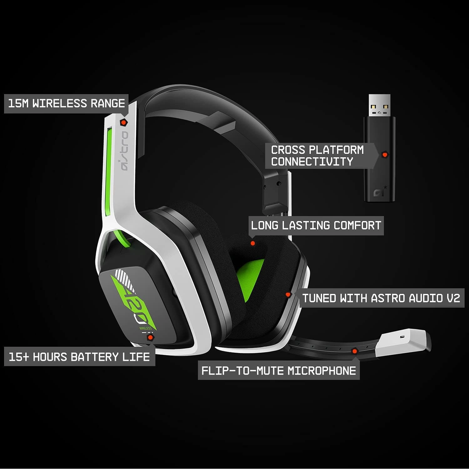 ASTRO Gaming A20 Wireless Headset Gen 2, Lightweight and Damage Resistant, Flip-to-mute microphone,  15 Hour battery life, 15m range, for PlayStation 5, PS4, PC, Mac - White/Green