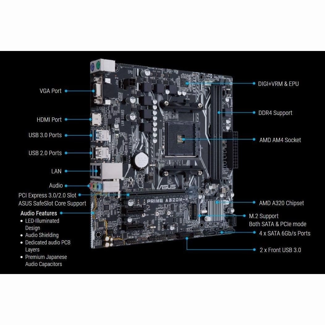 Asus Prime A320M-K AM4 motherboard socket (uATX, AMD A320, Ryzen, 2x DDR4 memory, USB 3.0, M.2 interface)