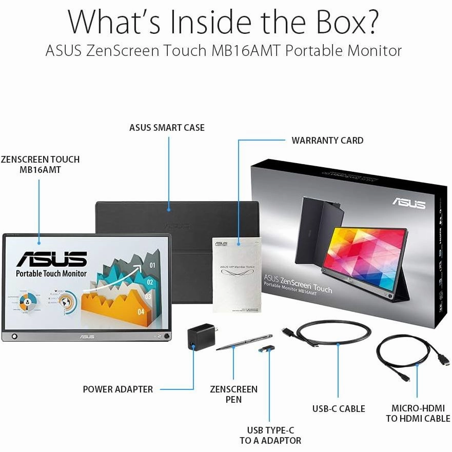 ASUS ZenScreen Touch 15.6" FHD Portable Monitor (MB16AMT) - IPS, 1080P, USB-C, HDMI, 10-Point Touch, Smart Cover, Compatible with Laptop, PC, Phone