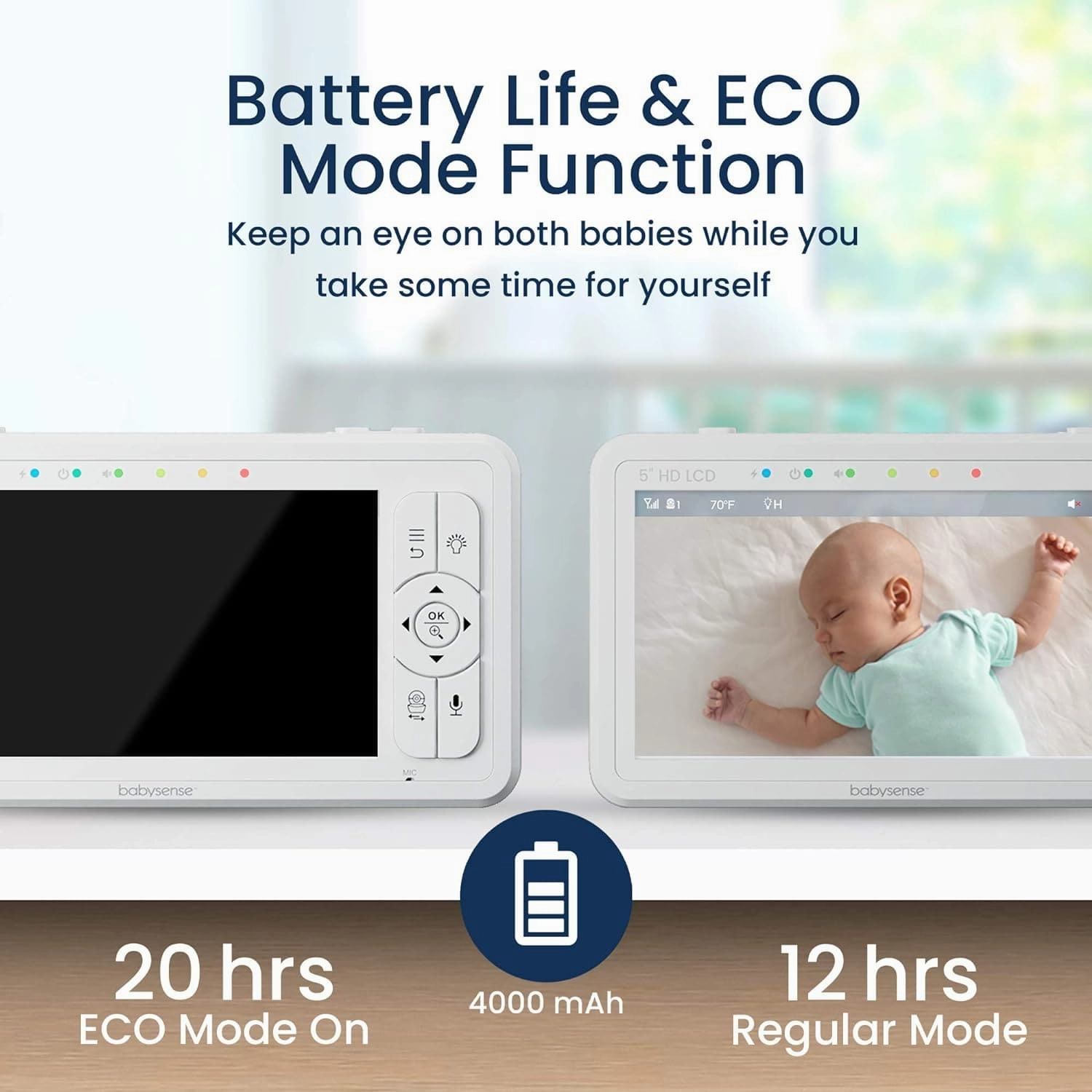 Babysense UPGRADED 720p 5" HD Split-Screen Baby Monitor, Video Baby Monitor with Two HD Cameras and Audio, Adjustable Night Light, White Noise and Lullabies, Long Range, 4xZoom, 4000mAh Battery