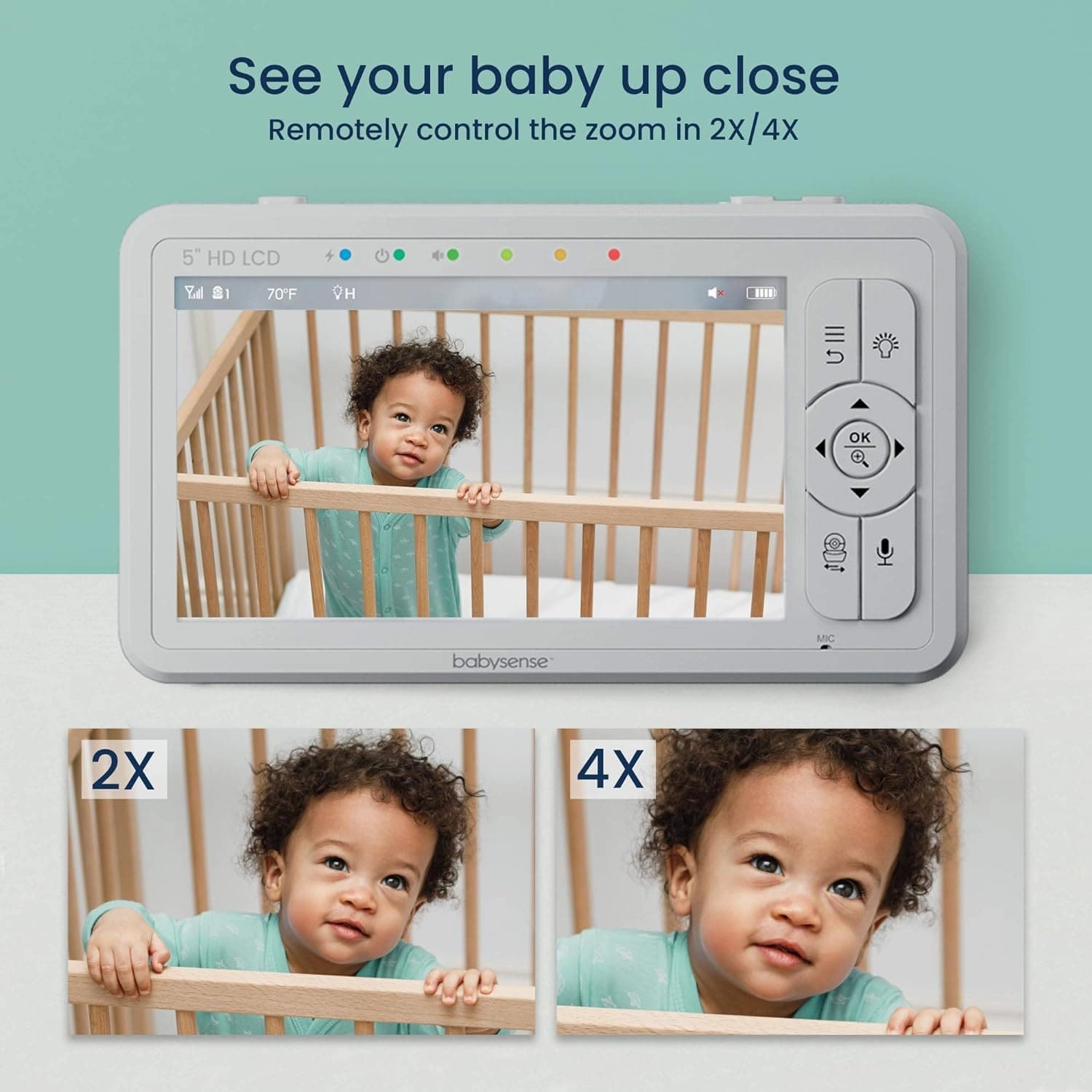 Babysense UPGRADED 720p 5" HD Split-Screen Baby Monitor, Video Baby Monitor with Two HD Cameras and Audio, Adjustable Night Light, White Noise and Lullabies, Long Range, 4xZoom, 4000mAh Battery