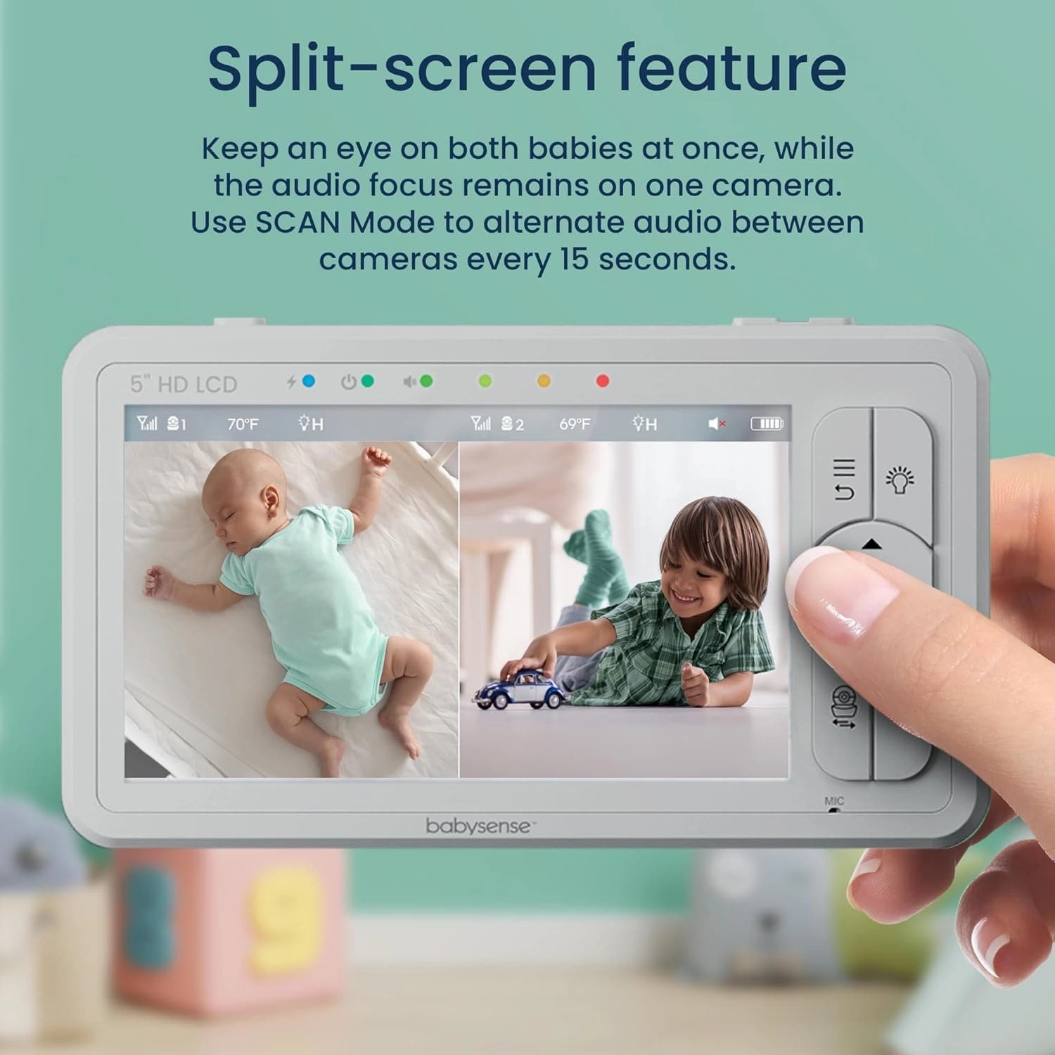 Babysense UPGRADED 720p 5" HD Split-Screen Baby Monitor, Video Baby Monitor with Two HD Cameras and Audio, Adjustable Night Light, White Noise and Lullabies, Long Range, 4xZoom, 4000mAh Battery