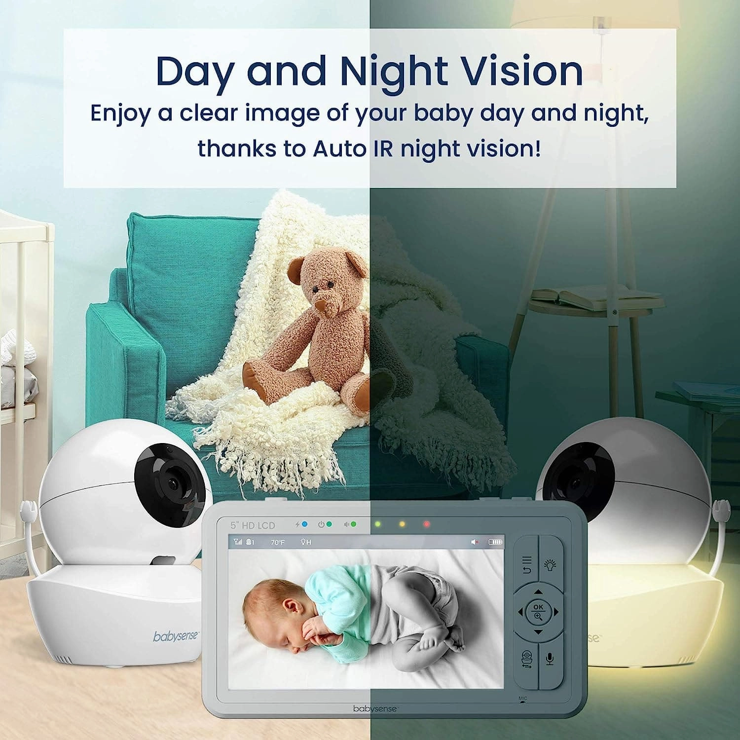 Babysense UPGRADED 720p 5" HD Split-Screen Baby Monitor, Video Baby Monitor with Two HD Cameras and Audio, Adjustable Night Light, White Noise and Lullabies, Long Range, 4xZoom, 4000mAh Battery