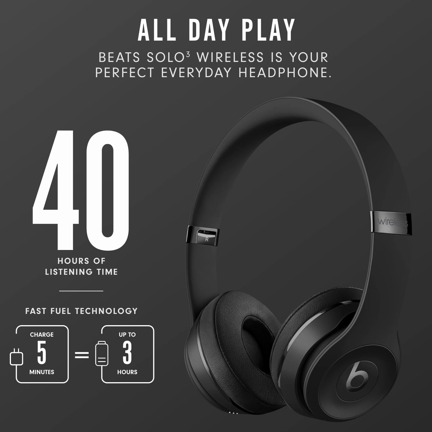beats Solo3 Wireless On-Ear Headphones - Apple W1 Headphone Chip, Class 1 Bluetooth, 40 Hours Of Listening Time - Black