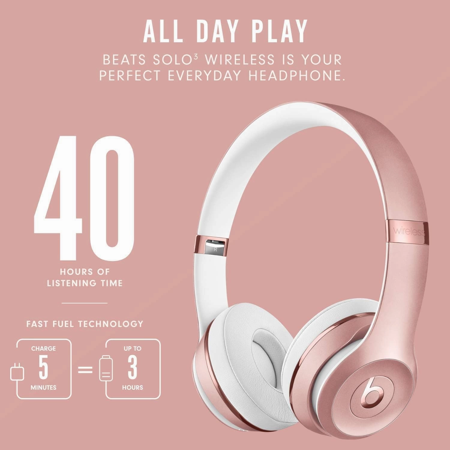 BEATS Solo 3 Wireless Bluetooth Over-Ear Headphones - Rose Gold