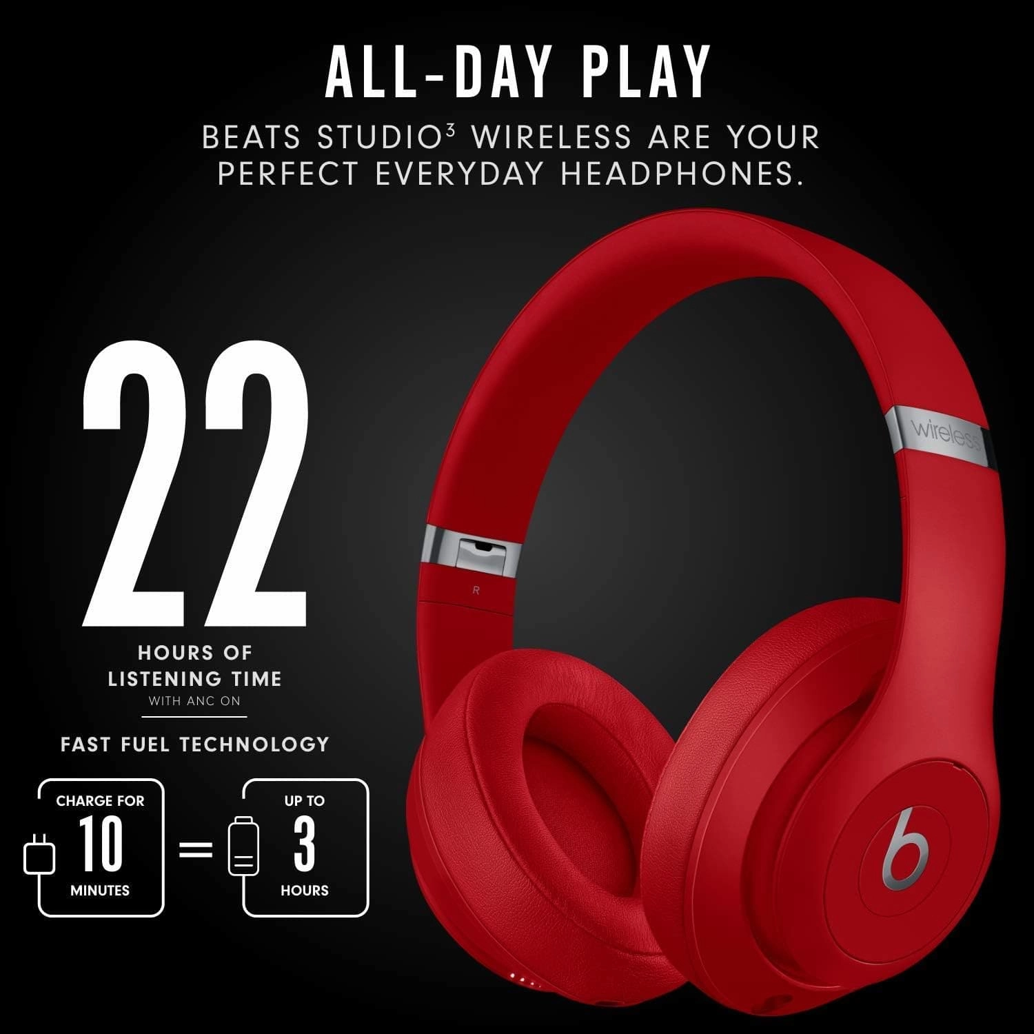 Beats Studio3 - Wireless Noise Cancelling Over Ear Headphones - Red