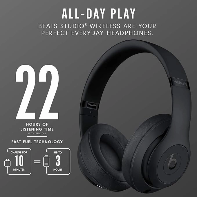 Beats Studio3 Wireless Noise Cancelling Over-Ear Headphones - Apple W1 Headphone Chip, Class 1 Bluetooth, Active Noise Cancelling, 22 Hours Of Listening Time - Matte Black