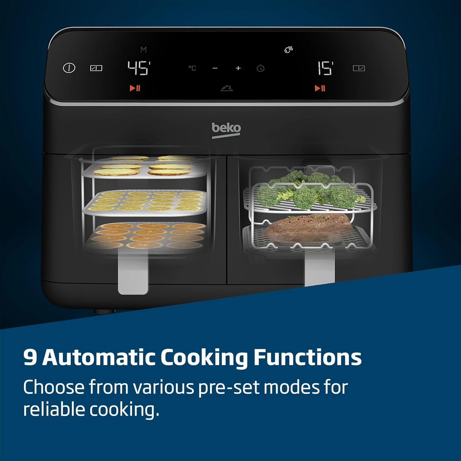 Beko Dual Zone Air Fryer ExpertFry FRL5388B  8.5L Capacity, Smart Finish, Match Cook, 9 Automatic Functions, Dehydrate, Black