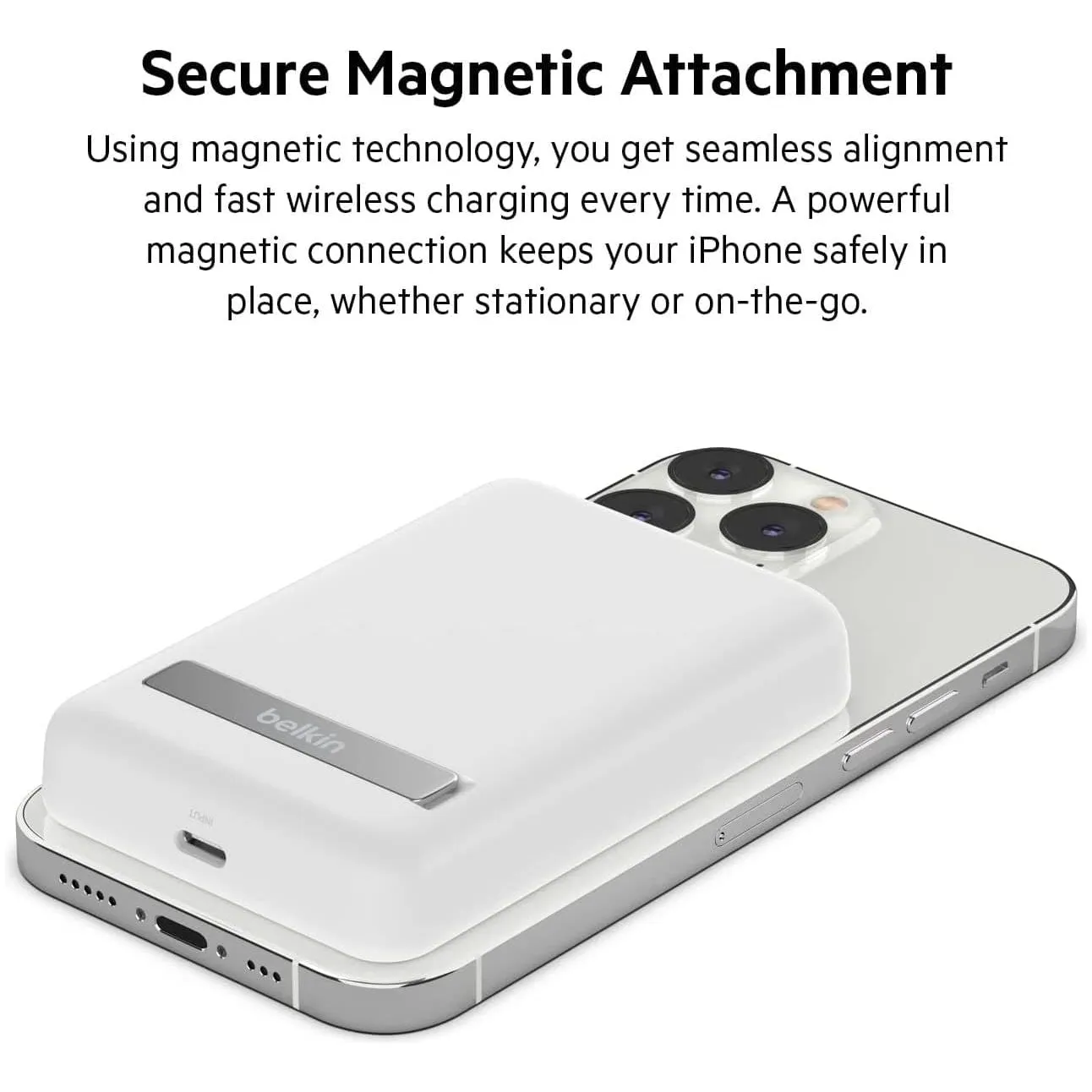 Belkin 5000 mAh Magnetic Wireless Power Bank, Portable Charger Compatible with MagSafe with Pass-thru Charging, 7.5W Output, 10W Input and Kickstand, Compatible with iPhone 13 and 12 Series  White