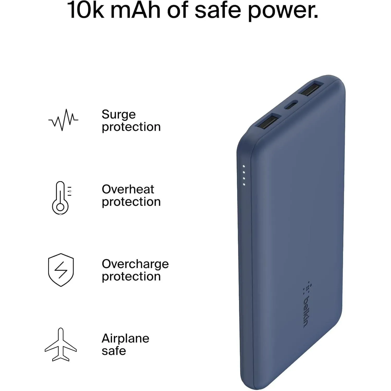 Belkin USB C Portable Power Bank (10000 mAh with 1 USB C Port and 2 USB A Ports for up to 15W Charging for iPhone, Android, AirPods, iPad, and More)  Blue
