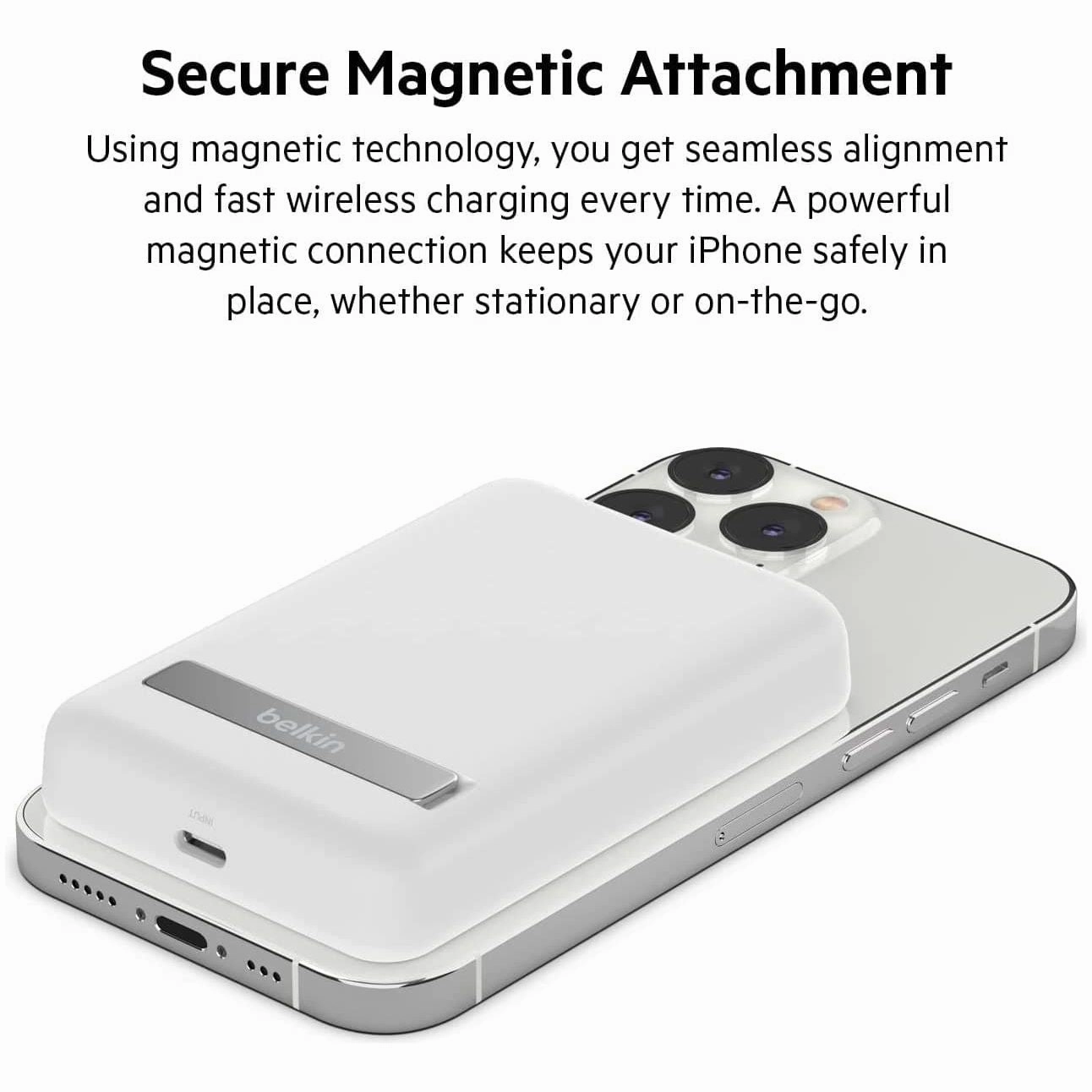 Belkin 5000 mAh Magnetic Wireless Power Bank, Portable Charger Compatible with MagSafe with Pass-thru Charging, 7.5W Output, 10W Input and Kickstand, Compatible with iPhone 13 and 12 Series  White