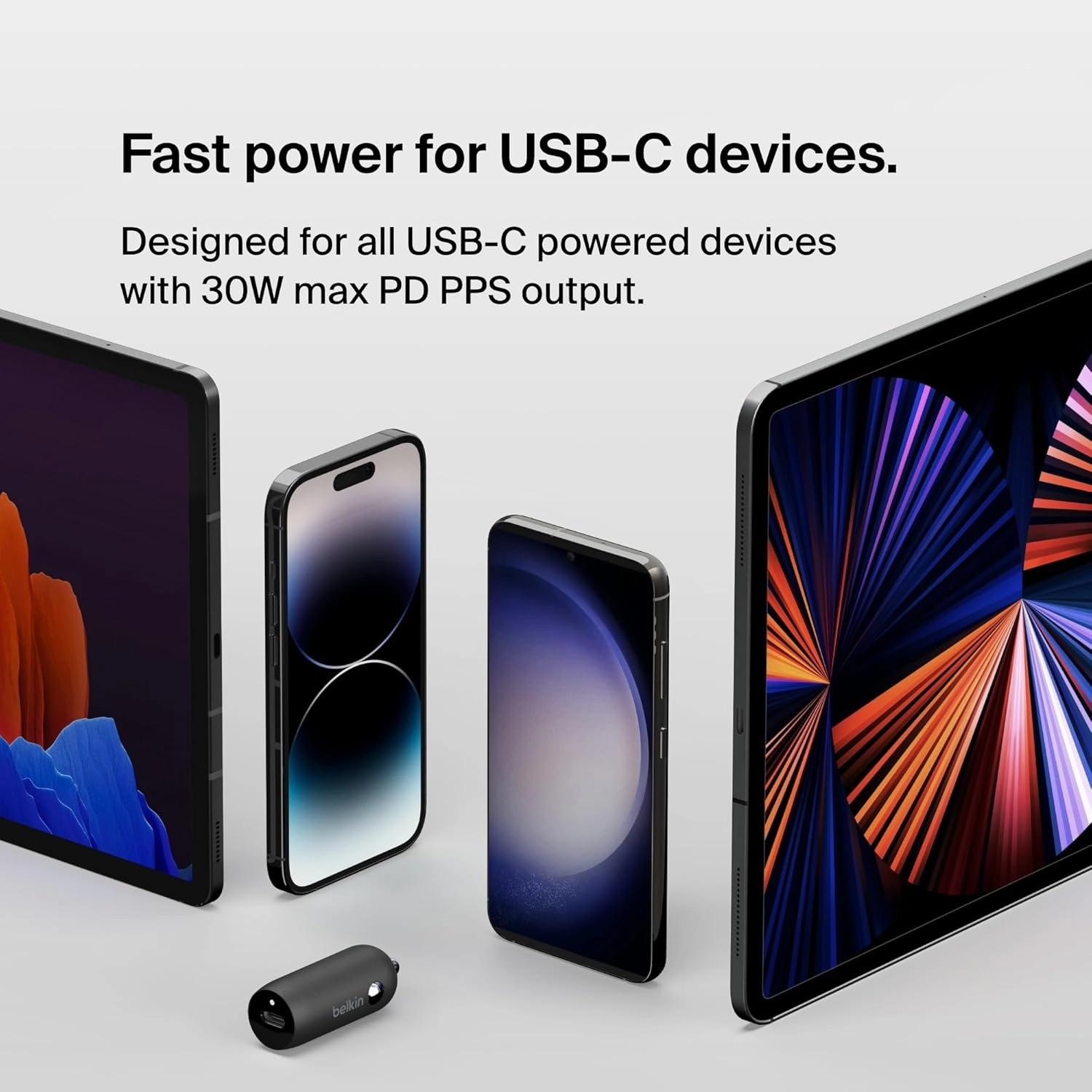 Belkin BoostCharge 30W USB-C Fast Car Charger  Compact Design with USB-C to USB-C Cable  Universal for iPhone 16/15, Galaxy S23, Note & More  Black