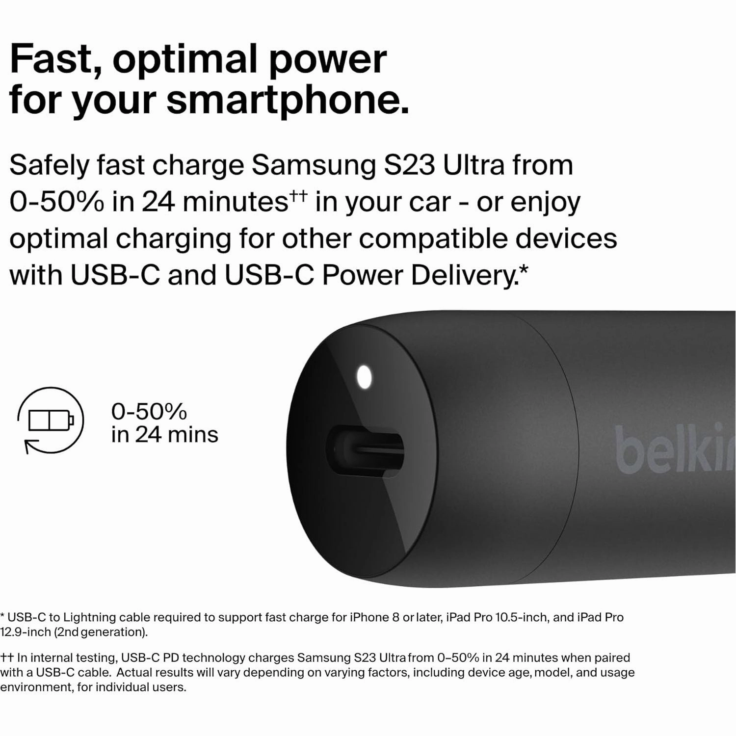 Belkin BoostCharge 30W USB-C Fast Car Charger  Compact Design with USB-C to USB-C Cable  Universal for iPhone 16/15, Galaxy S23, Note & More  Black