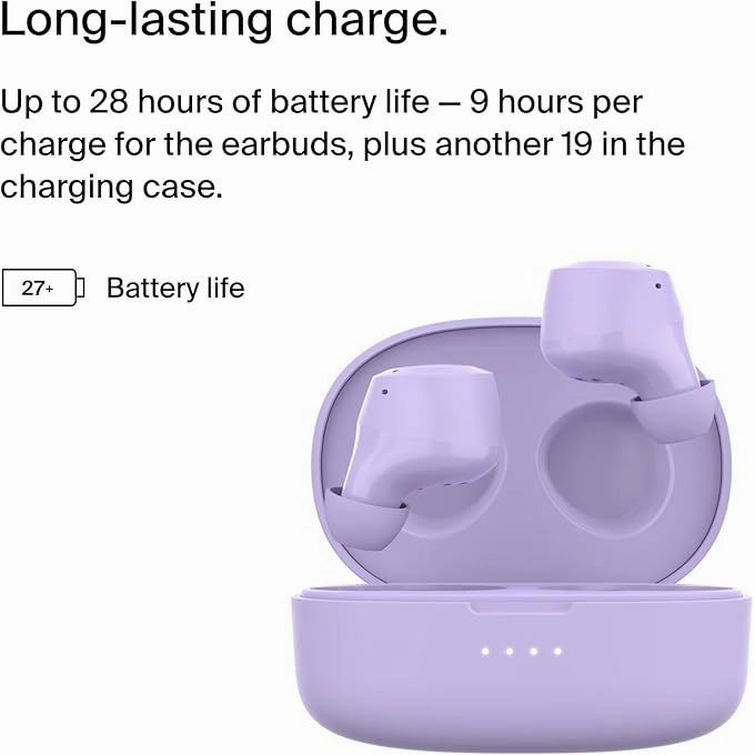 Belkin SoundForm Bolt True Wireless Earbuds, Wireless earphones with mic for iPhone, Galaxy and more - Lavender