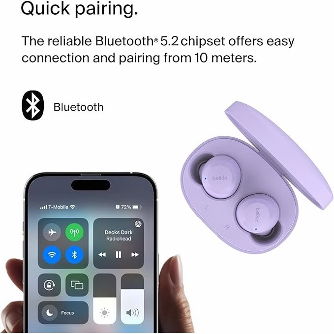 Belkin SoundForm Bolt True Wireless Earbuds, Wireless earphones with mic for iPhone, Galaxy and more - Lavender