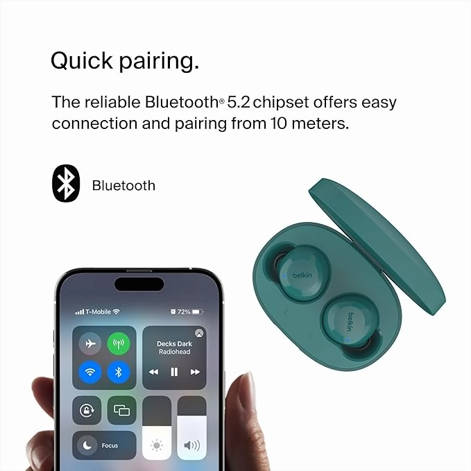 Belkin SoundForm Bolt Wireless Earbuds  28H Battery, IPX4 Water Resistance, Bluetooth Mic - Teal