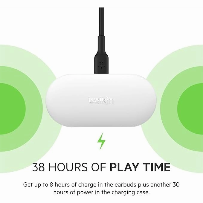Belkin SOUNDFORM Play True Wireless Earbuds  38H Playtime, IPX5 Water Resistant, 3 EQ Presets - White